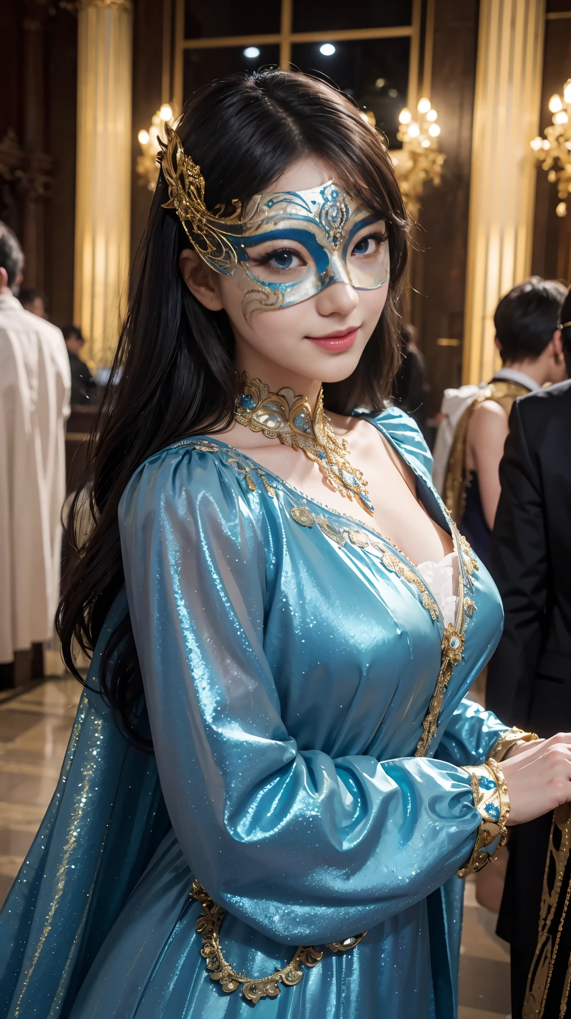 (highest quality、16k、masterpiece、realistic、Super detailed、Beautiful in every detail、ray tracing)、photograph、break,（and soul）、1 girl、((beautiful hair))、hair length、((blue eyes、gradient eyes、sparkling eyes))、bright eyes、((Luxurious sequin masquerade mask))、(gorgeous mask)、(((Masquerade mask that covers from forehead to nose)))、((big mask))、finely tuned、expressive eyes、((smile))、gorgeous maxi dress、give off a bewitching look、luxury accessories、Super detailed、BREAK, dim、Spotlight、suspicious atmosphere、(((At the masquerade venue)))、snap shot