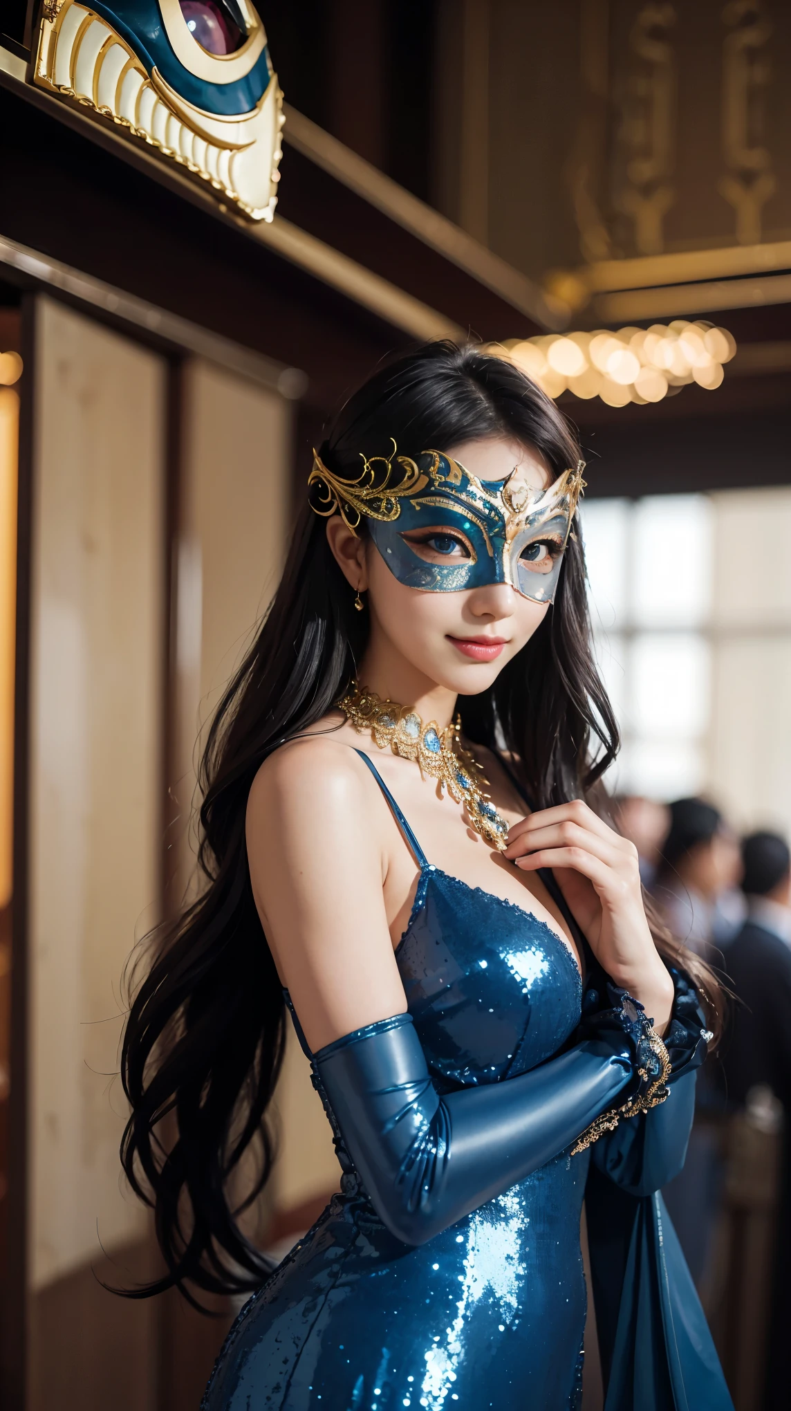 (highest quality、16k、masterpiece、realistic、Super detailed、Beautiful in every detail、ray tracing)、photograph、break,(and soul)、1 girl、((beautiful hair))、hair length、((blue eyes、gradient eyes、sparkling eyes))、bright eyes、((Luxurious sequin masquerade mask))、(gorgeous mask)、(((Masquerade mask that covers from forehead to nose)))、((big mask))、finely tuned、expressive eyes、((smile))、gorgeous maxi dress、give off a bewitching look、luxury accessories、Super detailed、BREAK, dim、Spotlight、suspicious atmosphere、(((At the masquerade venue)))、snap shot