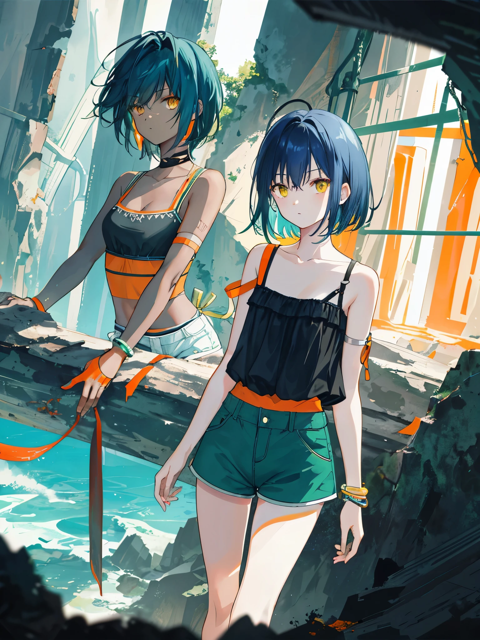 Bright lens: 1.3), epic reality, yellow eyes, age attacker, (a girl), Light gray opaque short-sleeved top, Transparent fabric at waist, wavy hair 1.4, (dark blue hair), short hair, Dark blue and orange color scheme, (Light green shorts), The aesthetics of the wasteland and canyons!!! n Ruins, Soft movie lighting, Adobe lighthouse, darkroom, high dynamic range, complex, Green bracelet on the arm, straps from red thrings over Transparent fabric at waist, Thong under shorts