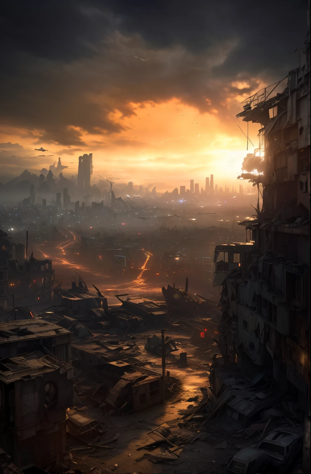 a view of a city with many buildings and a dark sky, destroyed city in the background, apocalyptic city, post - apocalyptic city, paisagem da cidade do apocalipse, post apocalyptic city, apocalyptic city, dystopian science fiction apocalypse, dystopian digital concept art, cyberpunk apocalyptic city, futuro distopina, An abandoned dystopian city, apocalyptic city backround, destroyed city, Milky Way, Stars in the sky