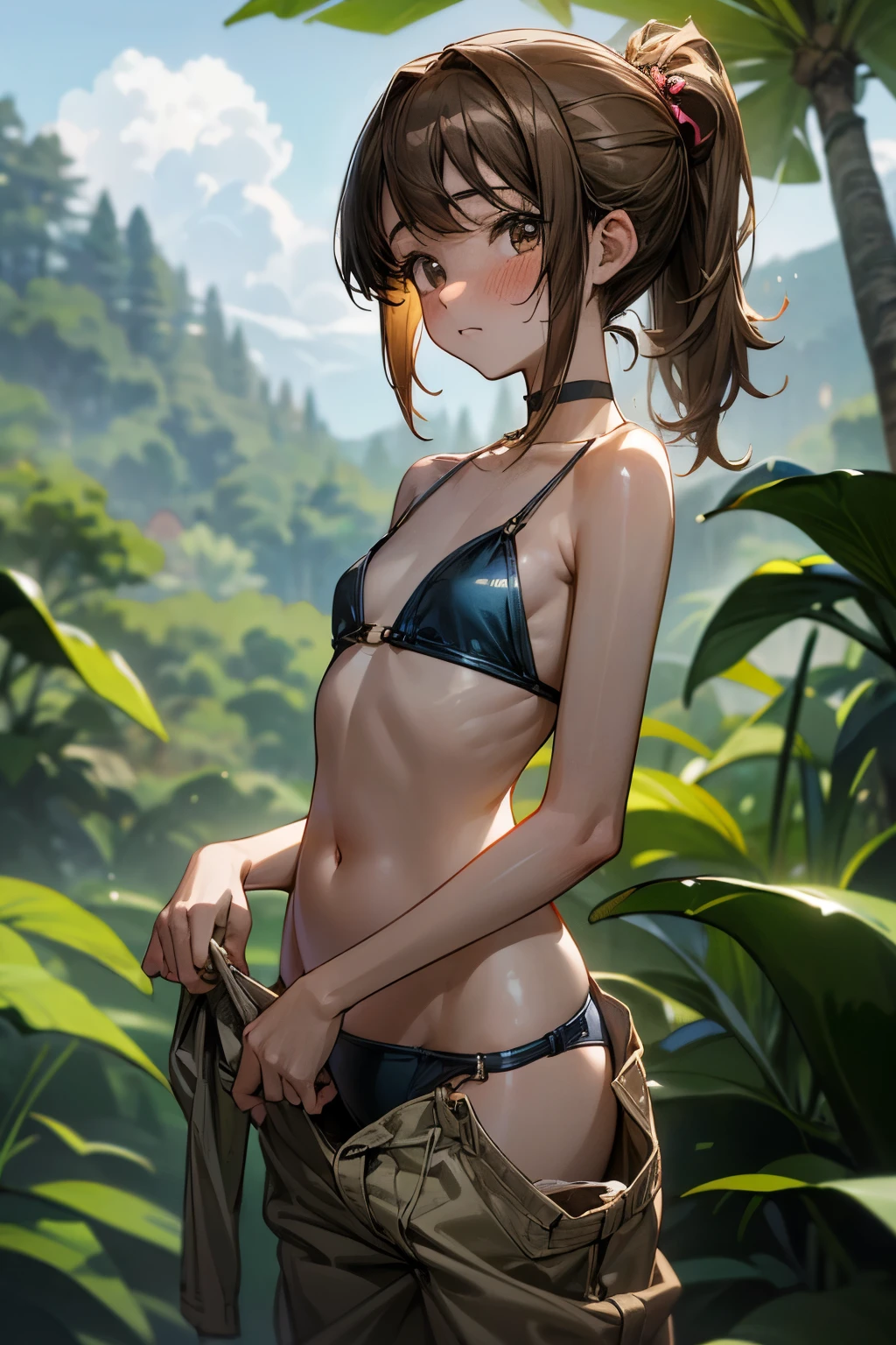 ((Masterpiece)), ((best quality)), (Anime:1.5), (RAW photo:1.2),(High Definition:1.3), (Professional Photography:1.2), ((12 years old)), 1girl, (Very shy and blush), (Glossy lips), upper body, looking at viewer, (tiny bikini top), O-ring, (blunt and swept bangs), low ponytail, ((loose cute pants pull up)), choker, pale brown hair, small breast, cute hips, (mist effect:1.3), (in subtropical rainforest), Mountain Landscapes,