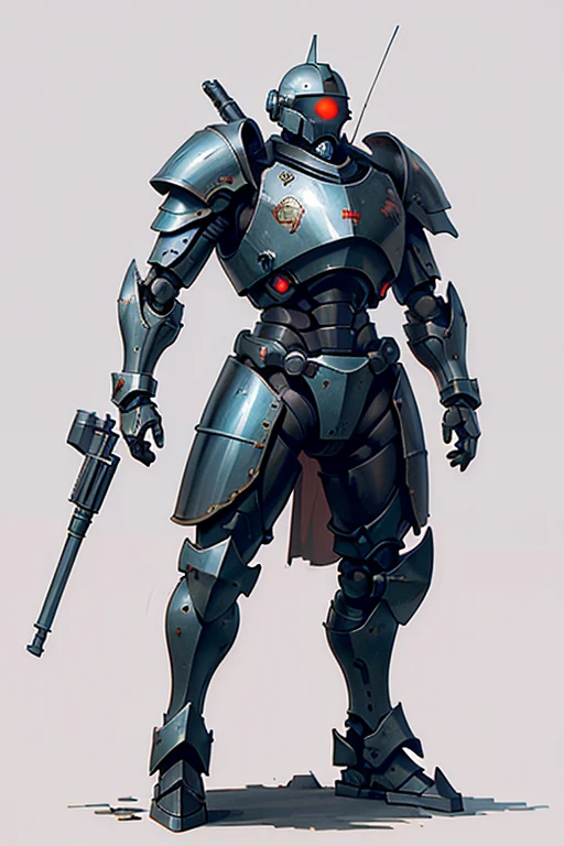 machine, automaton, military, heavy armor, one eye, monocular eye, one circular eye, robot, heavily armor, helmet, soldier, communist, solo, simple background, humanoid, Russian, tank, heavy gun, soviet, robot
