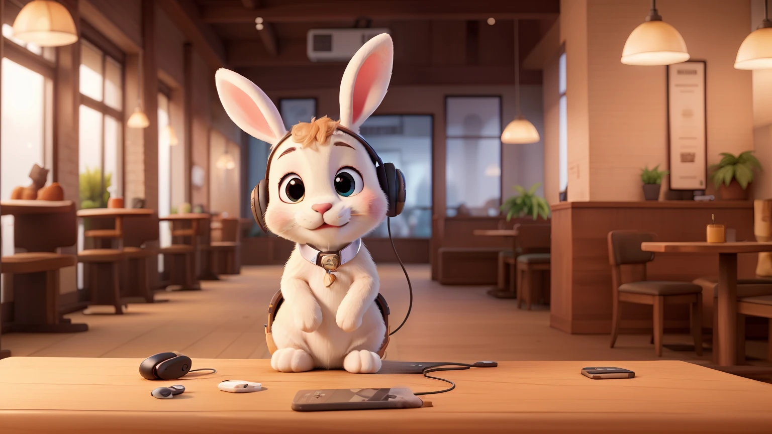 a cute bunny wearing headphone and listening to music in a coffee cafe.
Best quality, masterpiece, super high resolution,disney pixer cartoon character.