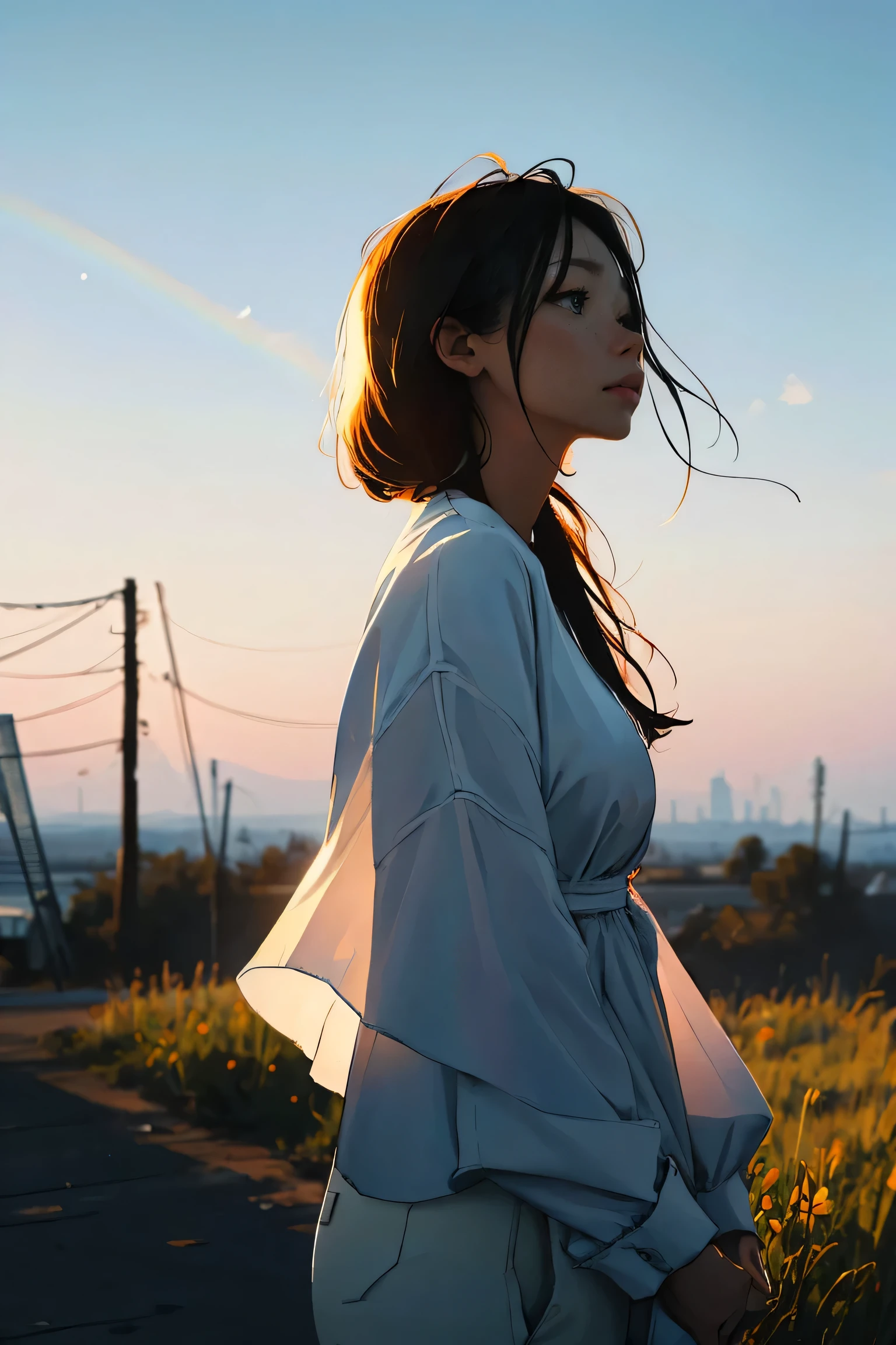 새벽 산 언덕에 서있는 long head를 가진 Araped 여자, she&#39;really sad, close your eyes,((tight white blouse)),white cloisonne trousers,author : Kurt Roush, looking into the distance, young woman looking up, pexel, looking at the sky, author: Emma Andiuska, looking into the distance, atmospheric portrait, John shouted...., Promotional art, fog rises from one&#39;head,vivid colors, soft focus, light leak, dreamy atmosphere, experimental charm, Nostalgic charm BREAK color field painting, various colors, abstract expressionism, Bold colors, emotional impact, atmospheric depth, A minimalist approach to relaxation,  Pretty Woman, UHD (ultra detail) Looking at viewers wearing hip-hop style streetwear, different, fancy, long, 흑발head 🌈, dark clothes, White stardust in dark areas, absurd, high resolution, very detailed, (1 woman : 1.3), vivid colors, soft focus, light leak, dreamy atmosphere,