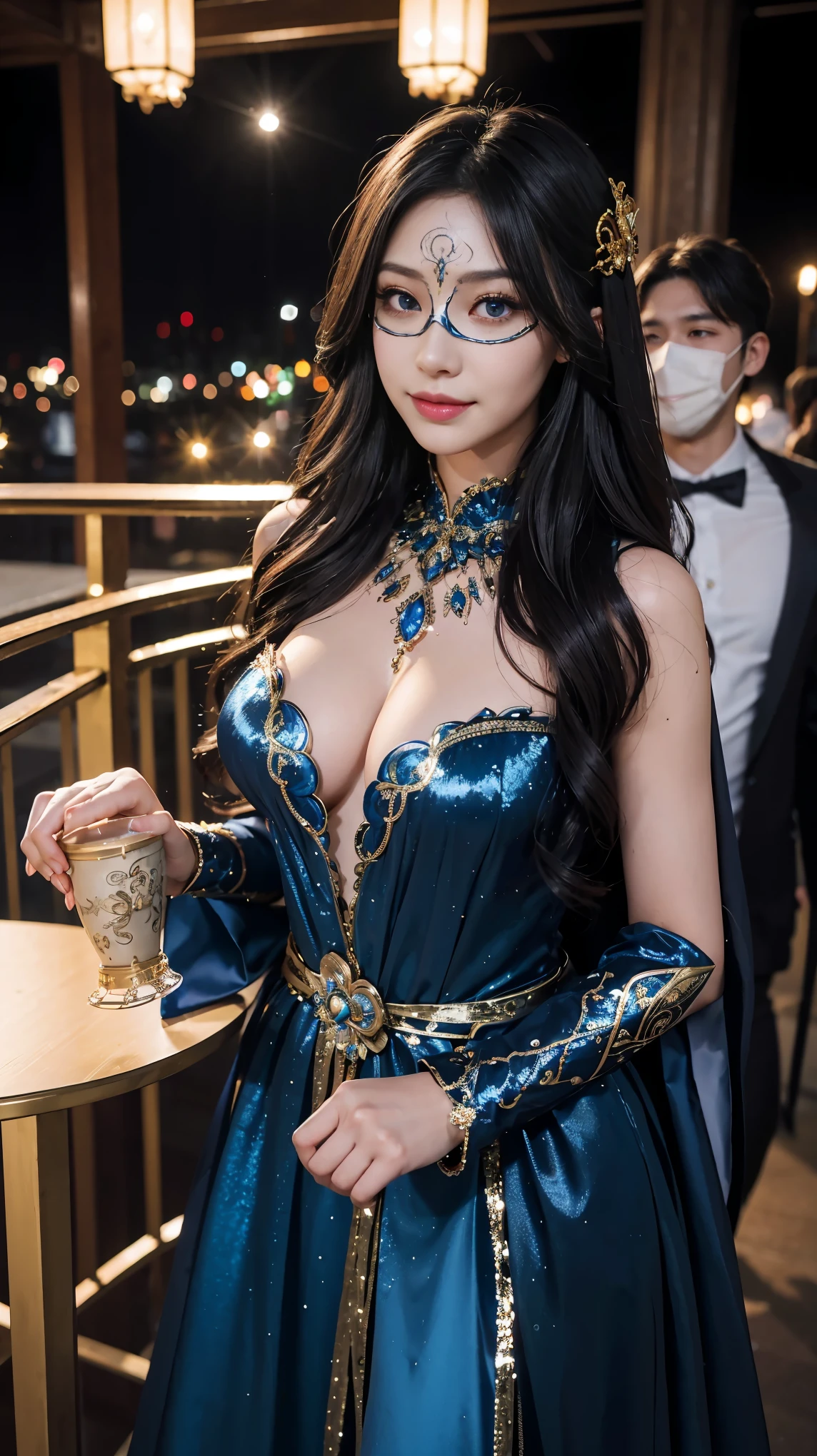 (highest quality、16k、masterpiece、realistic、Super detailed、Beautiful in every detail、ray tracing)、photograph、break,(and soul)、1 girl、((beautiful hair))、hair length、((blue eyes、gradient eyes、sparkling eyes))、bright eyes、((Luxurious sequin masquerade mask))、(gorgeous mask)、(((Masquerade mask that covers from forehead to nose)))、((big mask))、finely tuned、expressive eyes、((smile))、gorgeous maxi dress、give off a bewitching look、luxury accessories、Super detailed、BREAK, dim、Spotlight、suspicious atmosphere、(((At the masquerade venue)))、snap shot