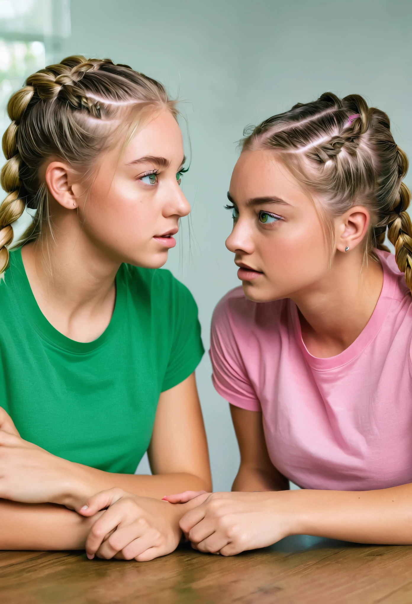 Make a girl who is sitting at a table in front of another girl, they are fighting, one of those girls is a beautiful blonde with loose hair, green eyes, and a pink t-shirt, and the other girl has two braids, brown hair, dark green eyes, and is Linda They are also both fighting against each other on a table