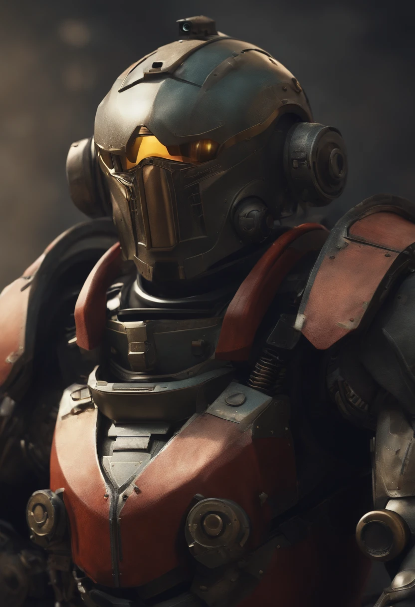 machine, automaton, military, heavy armor, one eye, monocular eye, one circular eye, robot, heavily armor, helmet, soldier, communist, solo, simple background, humanoid, Russian, tank, heavy gun, soviet, robot
