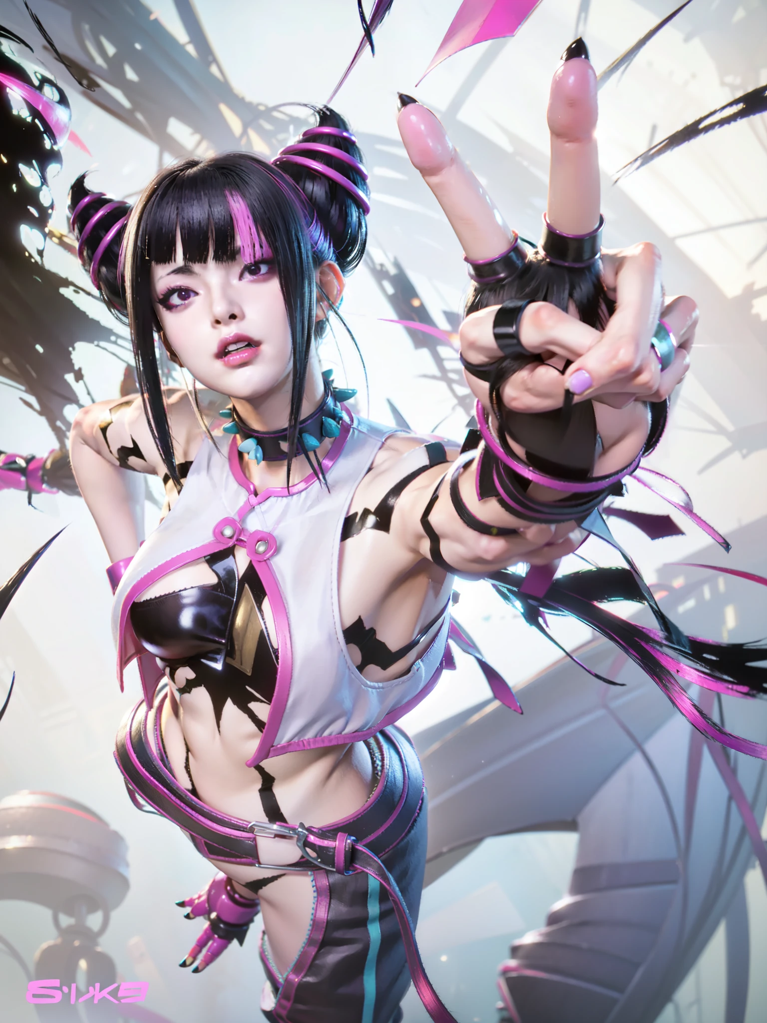 anime girl with a peace sign and a pink shirt, juri han from street fighter, juri han, by shirow masamune, shalltear from overlord, digital cyberpunk anime art, epic anime style, anime cyberpunk art, cyberpunk anime girl, badass anime 8 k, trigger anime artstyle, anime style 4 k, anime styled digital art