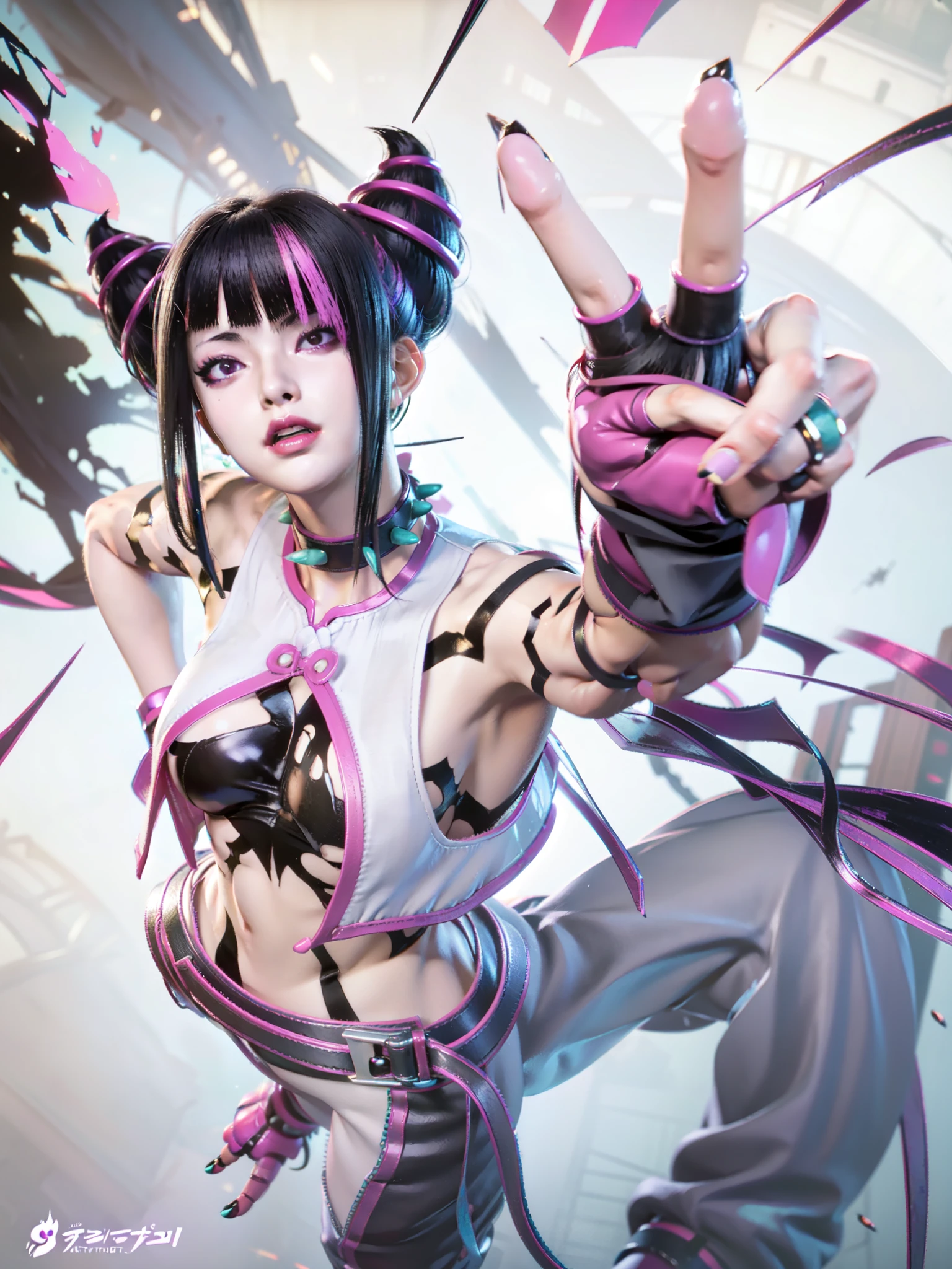 anime girl with a peace sign and a pink shirt, juri han from street fighter, juri han, by shirow masamune, shalltear from overlord, digital cyberpunk anime art, epic anime style, anime cyberpunk art, cyberpunk anime girl, badass anime 8 k, trigger anime artstyle, anime style 4 k, anime styled digital art