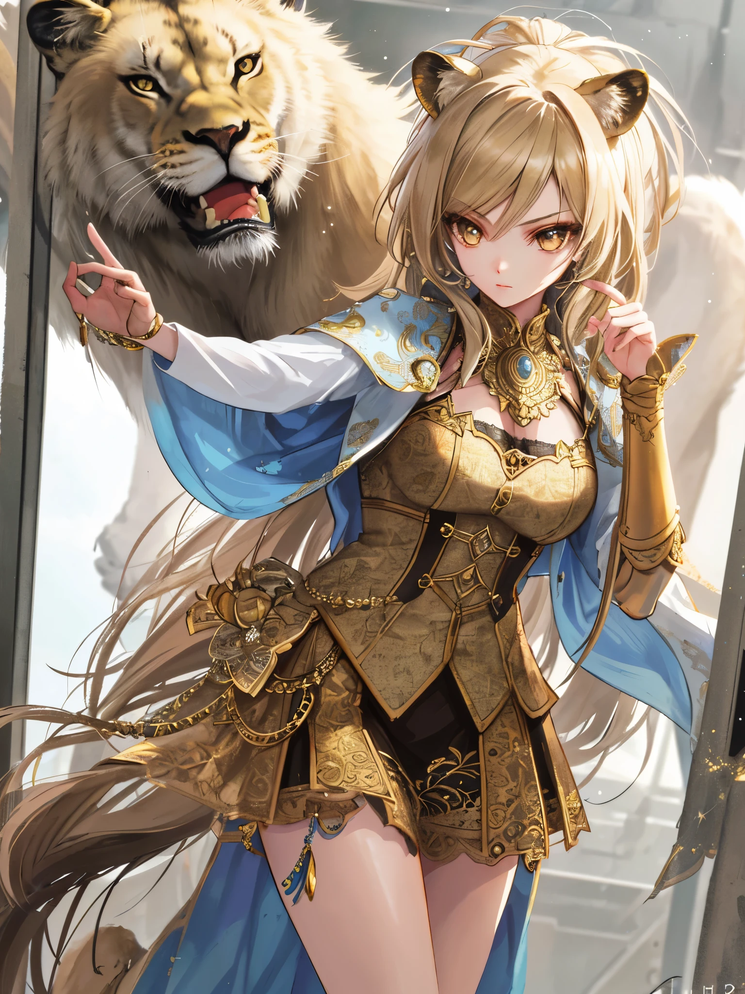 Super detailed beautiful girl, With the fierce lioness, ish, ish Light, actual, 3D rendering, Very detailed Face, Very detailed, actual Appearance, lifelike, actual Girl, Very detailed Hair