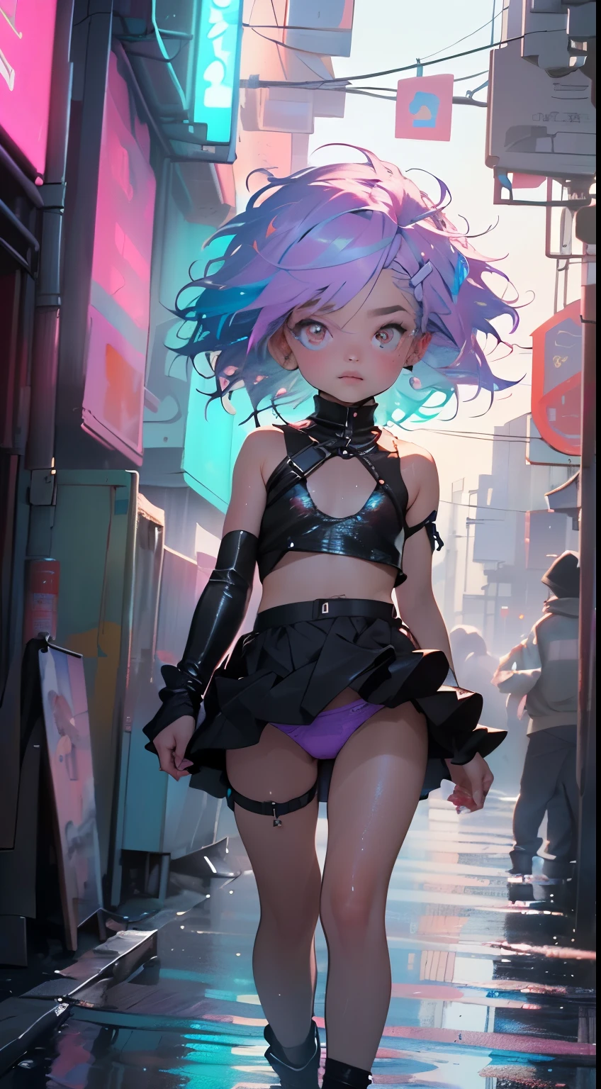 cute cartoon little ,(((little ,small tiny body,,chibi))),(((6 years old))),((extremely cute cartoon girl with liquid paint hair)),(((1 toddler:1.4))), (baby face), (round face),

(((flat ))),(((short hair,liquid paint hair:1.1,neon purple hair|neon pink hair|neon blue hair|neon aqua hair|purple hair|fuchsia hair|fluorescent blue hair|amethyst hair|neon hair|bright pink hair :1.5,bright hair: 1.3,hair made of paint and defies gravity,thick flowing,paint splatter:1.3,shiny hair: 1.3,vibrant colored hair))),((heterochromia:1.5, (purple_eye and pink_eye))),intricate eyes,beautiful detailed eyes,symmetrical eyes,big eyes:1.5,((fat)),(((lustrous skin:1.5,bright skin: 1.5,skin tanned,shiny skin,very shiny skin,shiny body,plastic glitter skin,exaggerated shiny skin,illuminated skin,wet legs))),(detailed body),(detailed face),

cute,slutty,seductive,,((())),

revealing clothing,show skin,(wearing a Neon color theme clothing:1.3,micro clothes,fluorescent and neon clothing,rave fashion,micro crop top,micro skirt,visible  straps,accessories LED),((underpants strap)),((wet clothes,intricate outfit,intricate clothes)),

(dynamic pose:1.0),solo focus,embarrassed,(centered,scale to fit dimensions,Rule of thirds),

cyberpunk city by the ocean at night, with bright neon signs and dark stormy clouds and puddles, scenery:1.25,nighttime, starry night, cosmos,Very dark night that makes the neon lights stand out, very bright neon lights,nighttime, starry night, cosmos,

artistic photography,(photography taken by sldr),highres, sharp focus,(ultra detailed, extremely detailed), (photorealistic artwork:1.37),(extremely detailed CG unity 8k wallpaper),((synthwave background theme)),(((vibrant colors))),intricate,(intricate background),(masterpiece),(best quality),perfect rendered face,perfect face details,realistic face,photo realistic,analog style,((intricate detail)),(((realism))),