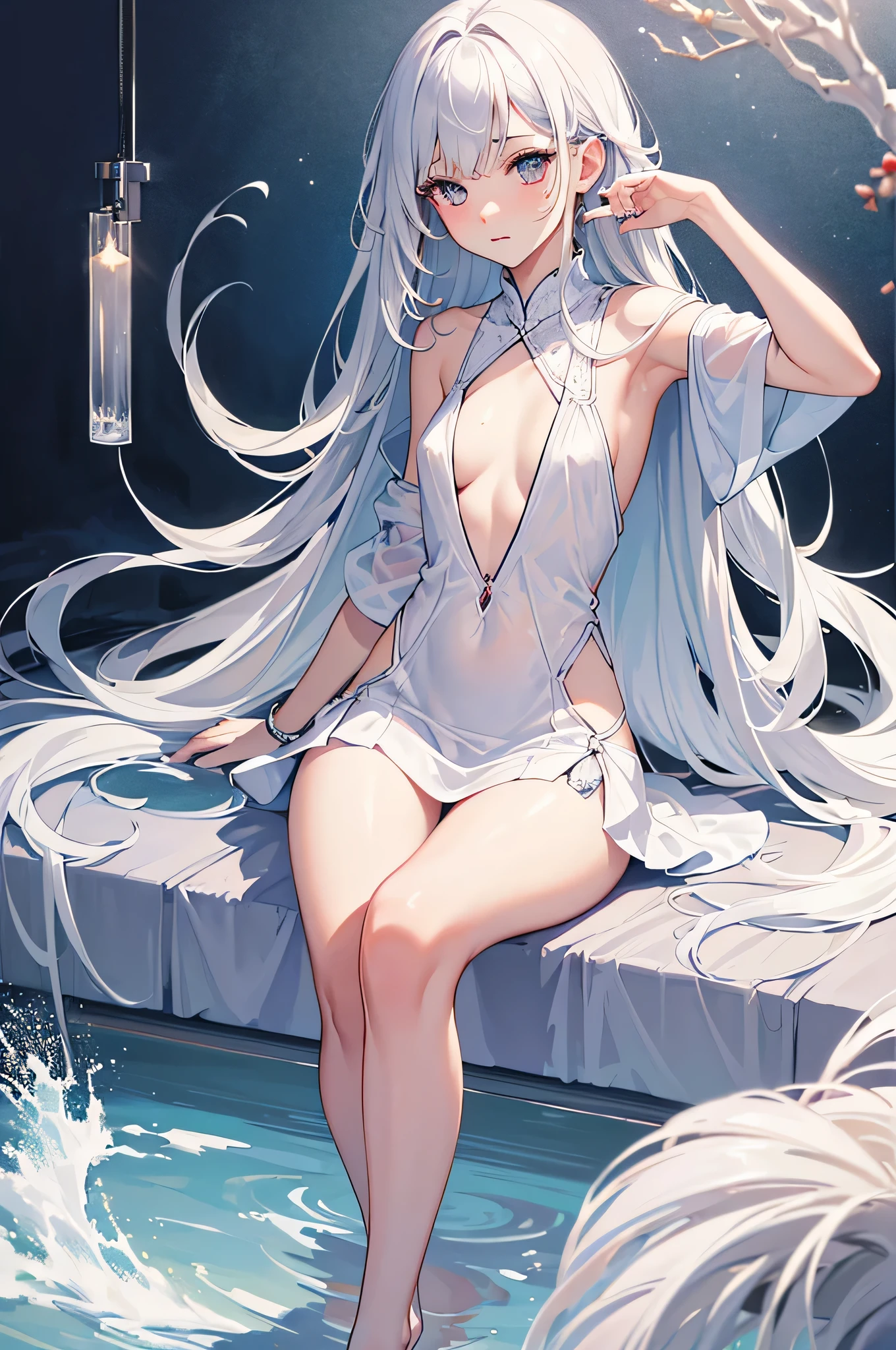 (Ultra Real), (Illustration), (High Resolution), (8K), (Very Detailed), (Best Illustration), (Beautiful Detailed Eyes), (Best Quality), (Super Detailed), (Masterpiece), (Wallpaper), (Detailed Face), Solo, (Dynamic Pose), One Girl, White Wavy Hair on the Bed, Losing Clothes, Japan Person, Iris Colored Eyes, (((Very Thin, Small and Short Night Dress)), Medium breasts, long legs, best ride of legs, (without panties), (without bra)  