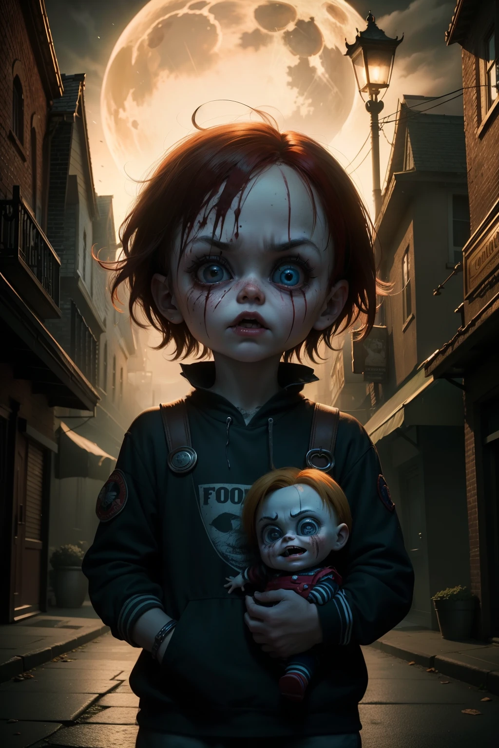 Title: Chucky's Enigmatic Night Stroll - A Tim Burtonesque Illustration
Basking in the ethereal moon glow, Chucky, the notorious doll, emerges from the shadows of an eerie, fog-laden street. His creeping presence is a testament to Tim Burton's signature style, where the grotesque and enchanting come together in perfect harmony. defeating their enemies.
The once-adorable porcelain face of Chucky has been marred by time, revealing cracks and fissures that give the doll an ominous, yet oddly endearing, charm. His distorted, oversized eyes, hollow