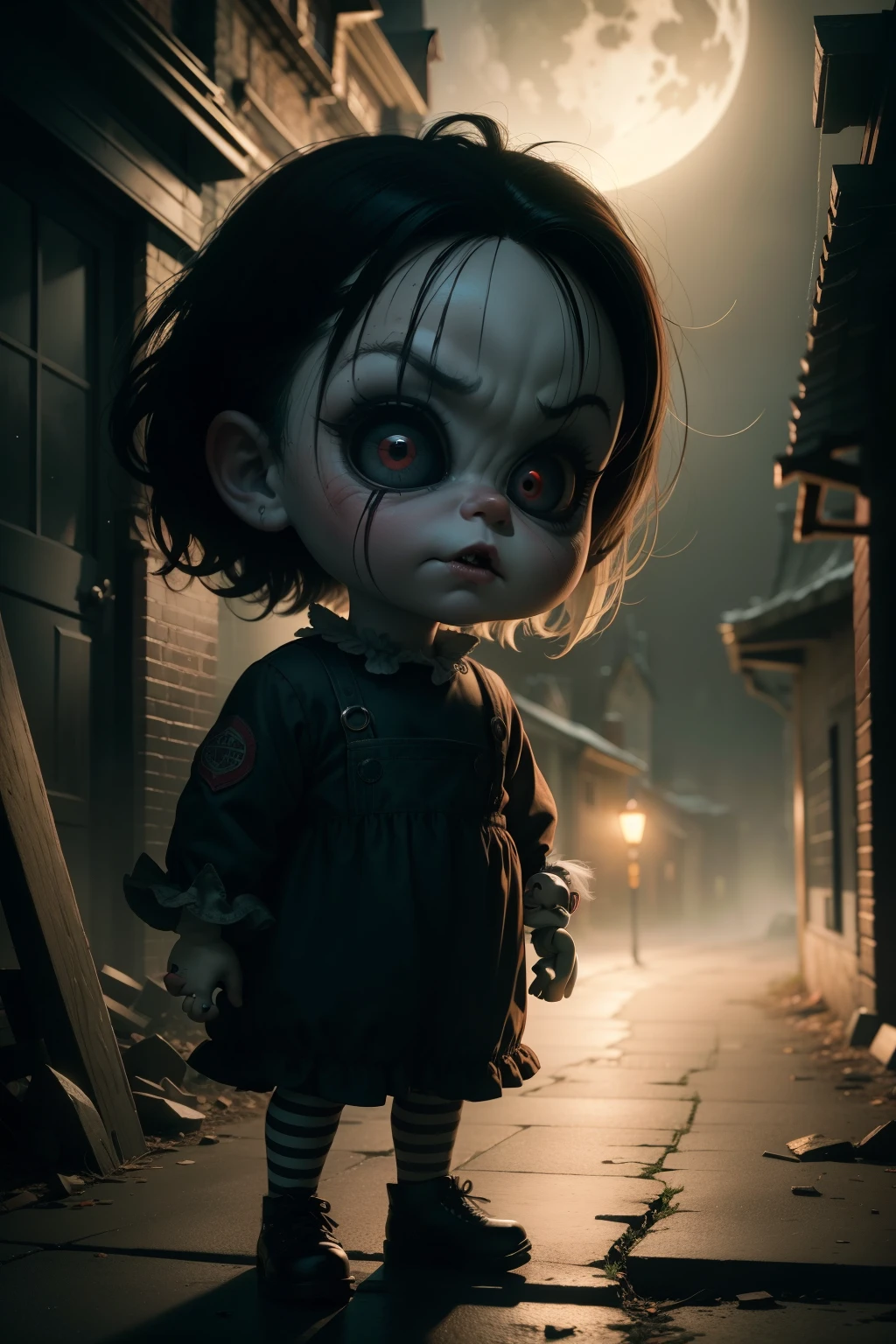 Cute  Chibi Anime,(((chibi3d))) (bes t quality) (masterprice)、(8k wallpapers with highly detailed CG units, masutepiece, Best Quality, Ultra-detailed), (The best lighting, Best Shadow), (Perfect and symmetrical surface (((zombie Woman with no arms just spikes stuck in their place instead, no eyes,  Rotting skin))), With eyes that show the evil of the world), Attractive, floating, High resolution, Dynamic Angle, Dynamic Pose, haunted house background, dead spitits surrounding her Spooky and eerie night.