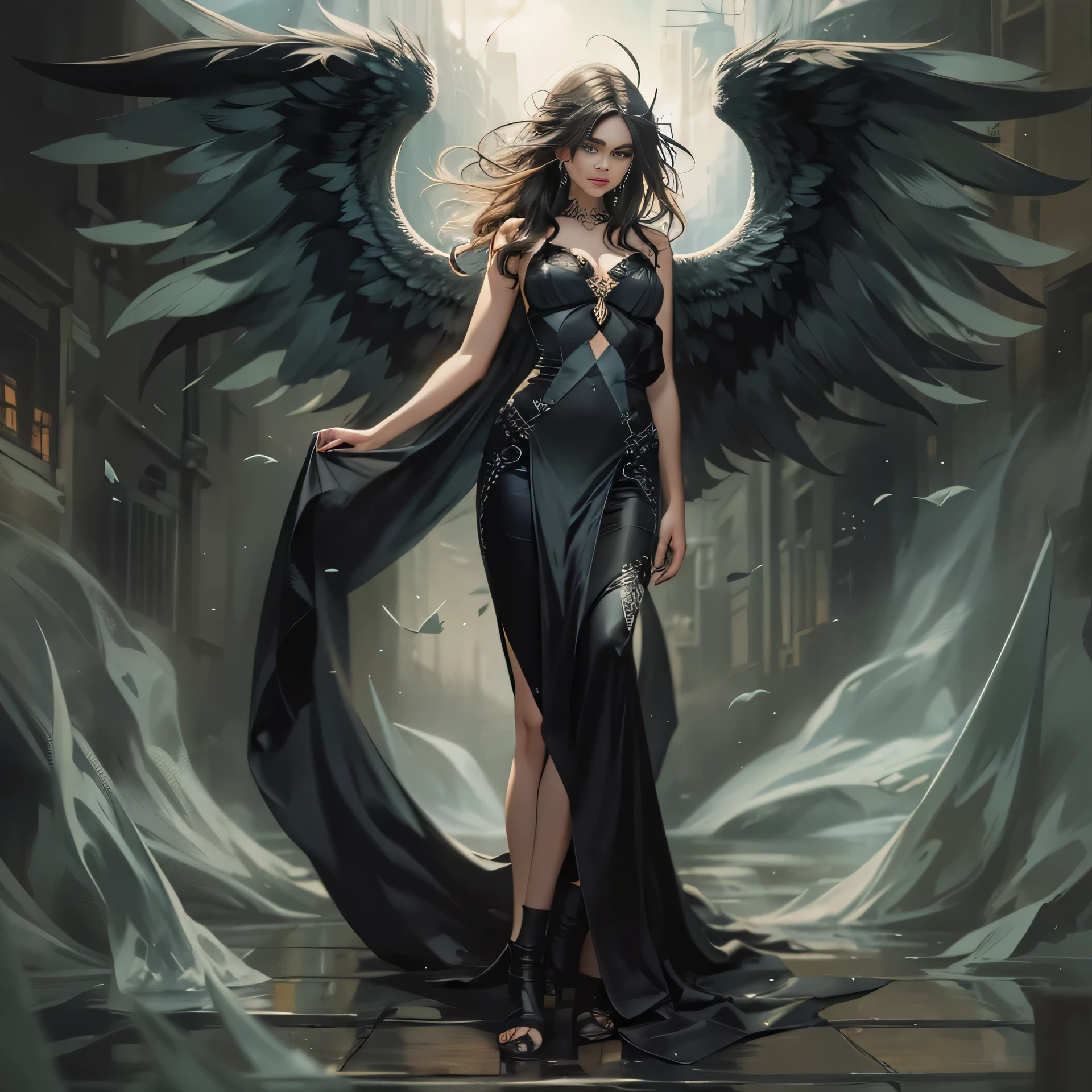 Beautiful woman in veryy long translucent black satin dress andwith angel wings