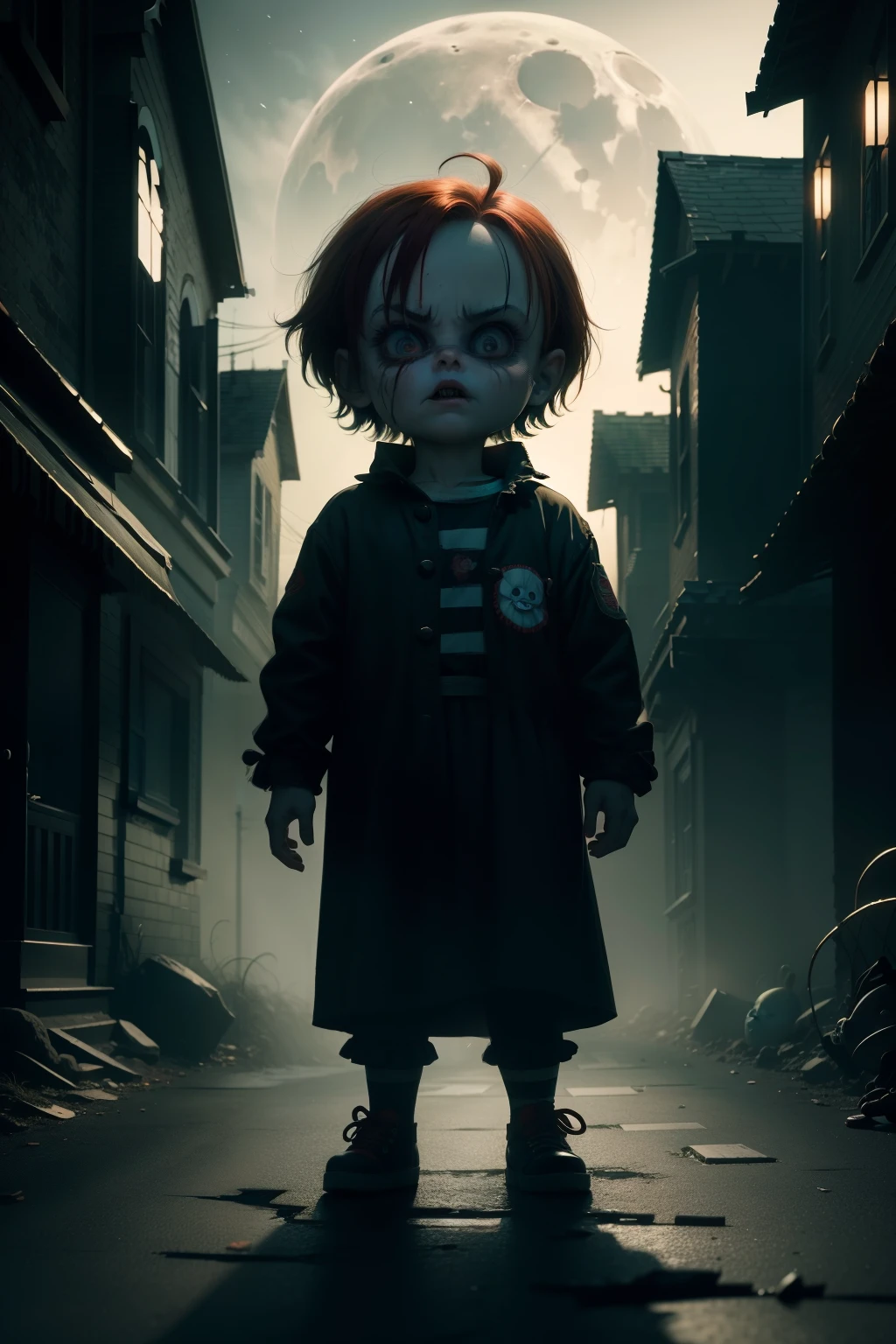 Title: Chucky's Enigmatic Night Stroll - A Tim Burtonesque Illustration
Basking in the ethereal moon glow, Chucky, the notorious doll, emerges from the shadows of an eerie, fog-laden street. His creeping presence is a testament to Tim Burton's signature style, where the grotesque and enchanting come together in perfect harmony. defeating their enemies.
The once-adorable porcelain face of Chucky has been marred by time, revealing cracks and fissures that give the doll an ominous, yet oddly endearing, charm. His distorted, oversized eyes, hollow