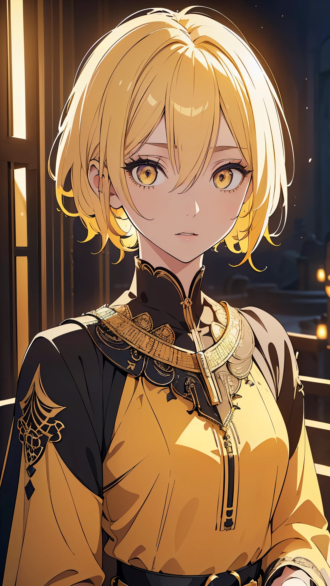 Girl1,(yellow hair,Short puffy hair,beautiful eyes),Long eyelashes,eye shadow,full body, (yellow Arabic abaya dress,black waist belt),(Highly detailed CG,module,8K wallpapers،Highest quality, high resolution, beautiful lighting, realistic shadow, high resolution،(Detailed skin, highly detailed, detailed faces and eyes, realistic eyes)