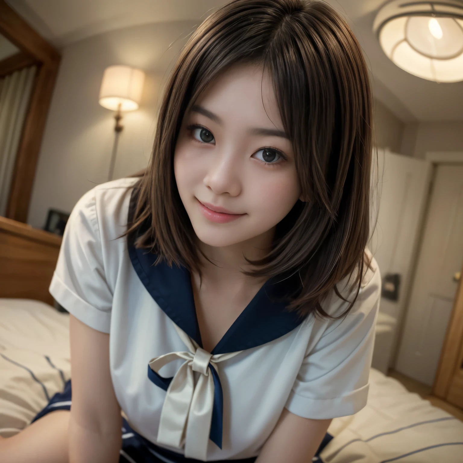 （seen through a fisheye lens:1.75)，cute japanese girl, alone, In sailor suit and skirt, smile, with a natural look, medium length haircut, brown eyes, in a dimly lit room, There is only a single bed, reveal something about yourself, At night, has an erotic and seductive atmosphere. (highest quality, 4k, High resolution, masterpiece:1.2), Super detailed, (realistic, photorealistic:1.37), Portrait, Bright colors, Bokeh, warm tones, soft lighting