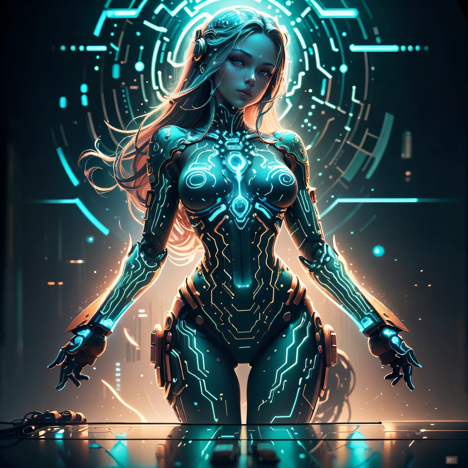 A female techno-shaman surrounded by a holographic array of geometric fractals, her body merging seamlessly with the pulsating, luminous patterns as she accesses a transcendental digital plane using her cybernetic enhancements.