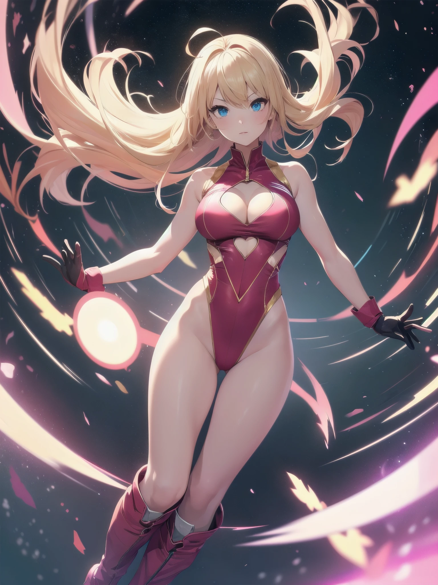 ((masterpiece)), ((best quality)), ((high res)), 1girl, solo, solo focus, (leotard, pink leotard, solid pink leotard, perfect leotard, sleeveless), bare legs, (matching boots, knee boots, pink footwear), looking at the viewer, (perfect hands), perfect eyes, perfect legs, perfect arms, perfect fingers, ((perfect female body)), perfect anatomy, perfect proportions, medium breasts, (gloves, matching gloves, pink gloves), (blonde hair, long hair, bangs), (blue eyes, beautiful detailed eyes) (heart cutout, one cleavage cutout), cute face, serious, hair down, superhero, single, spread arms, standing, spins fast in place like a tornado, spinning energy pulse, light particles, speed lines, space backdrop, ahoge