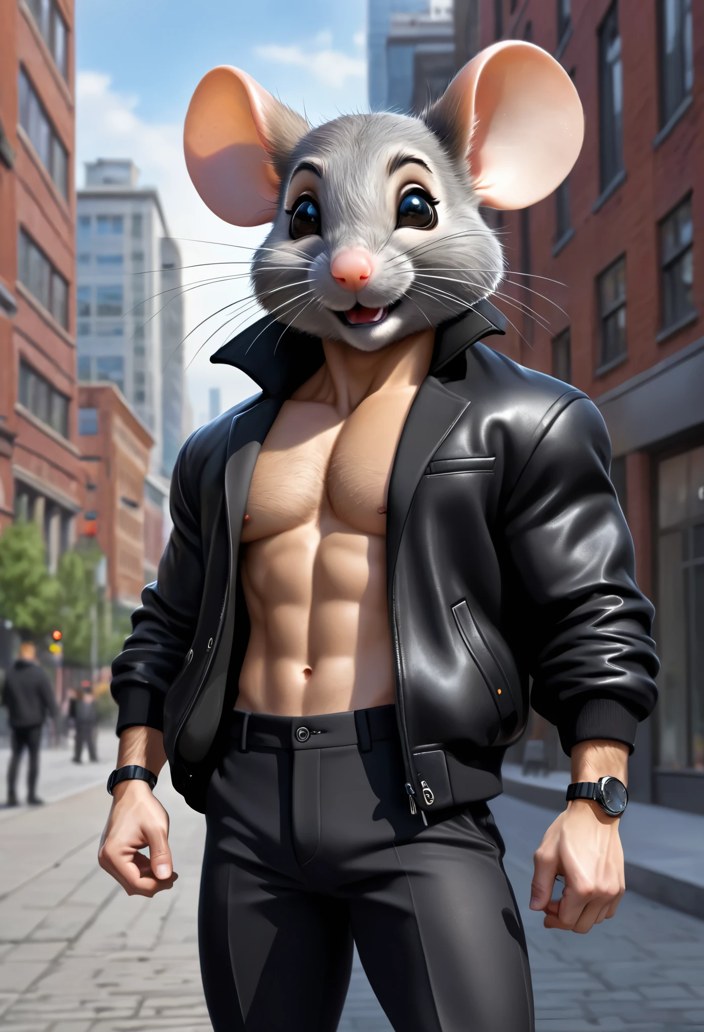 A Mouse in suit male muscular fursuit alone in the dark street blue eyes looking at camera wearing a Lead Jockstrap adult 22 years old silver fur Hollywood cinematic style in 3D live action ultra realistic HDR 8K