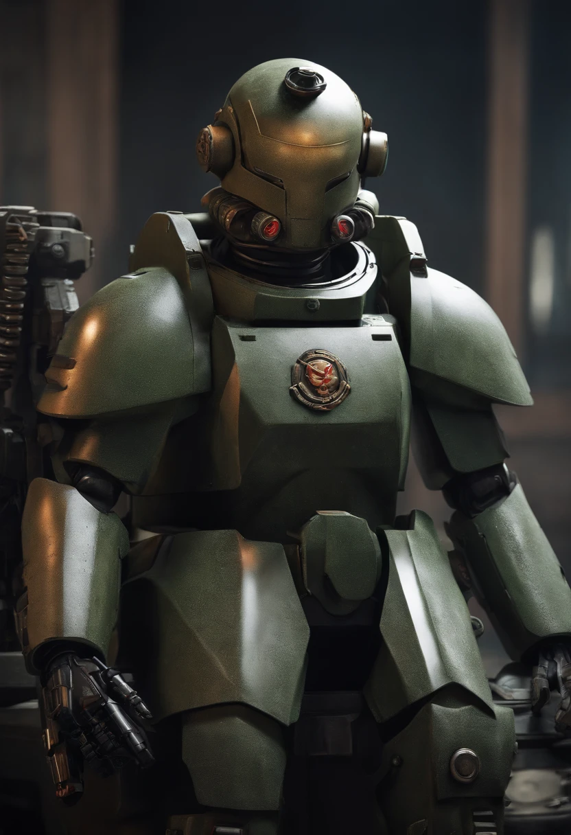 machine, automaton, military, heavy armor, one eye, monocular eye, one circular eye, robot, heavily armor, helmet, soldier, communist, solo, simple background, humanoid, Russian, tank, heavy gun, soviet, robot
