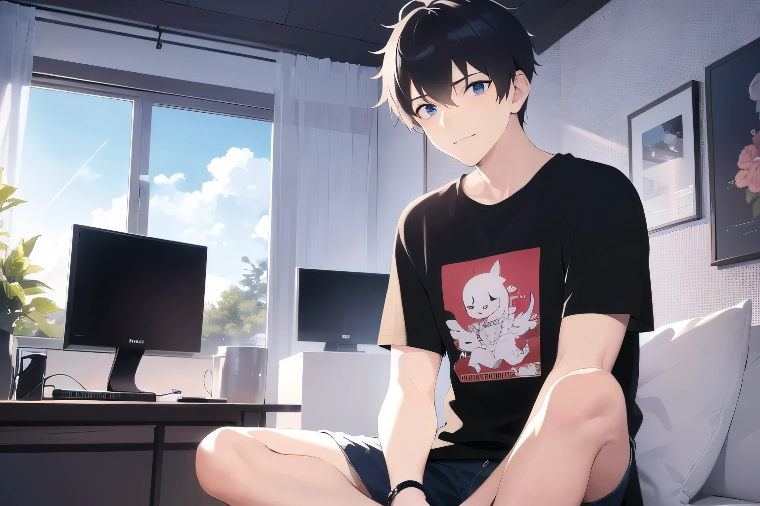 masterpiece、highest quality、(25 year old male:1.5) and (black short hair) and (blue eyes), wearing a black T-shirt、sitting、(sad:1.2), smile, The background is the living room、computer、(Alone:1.5)