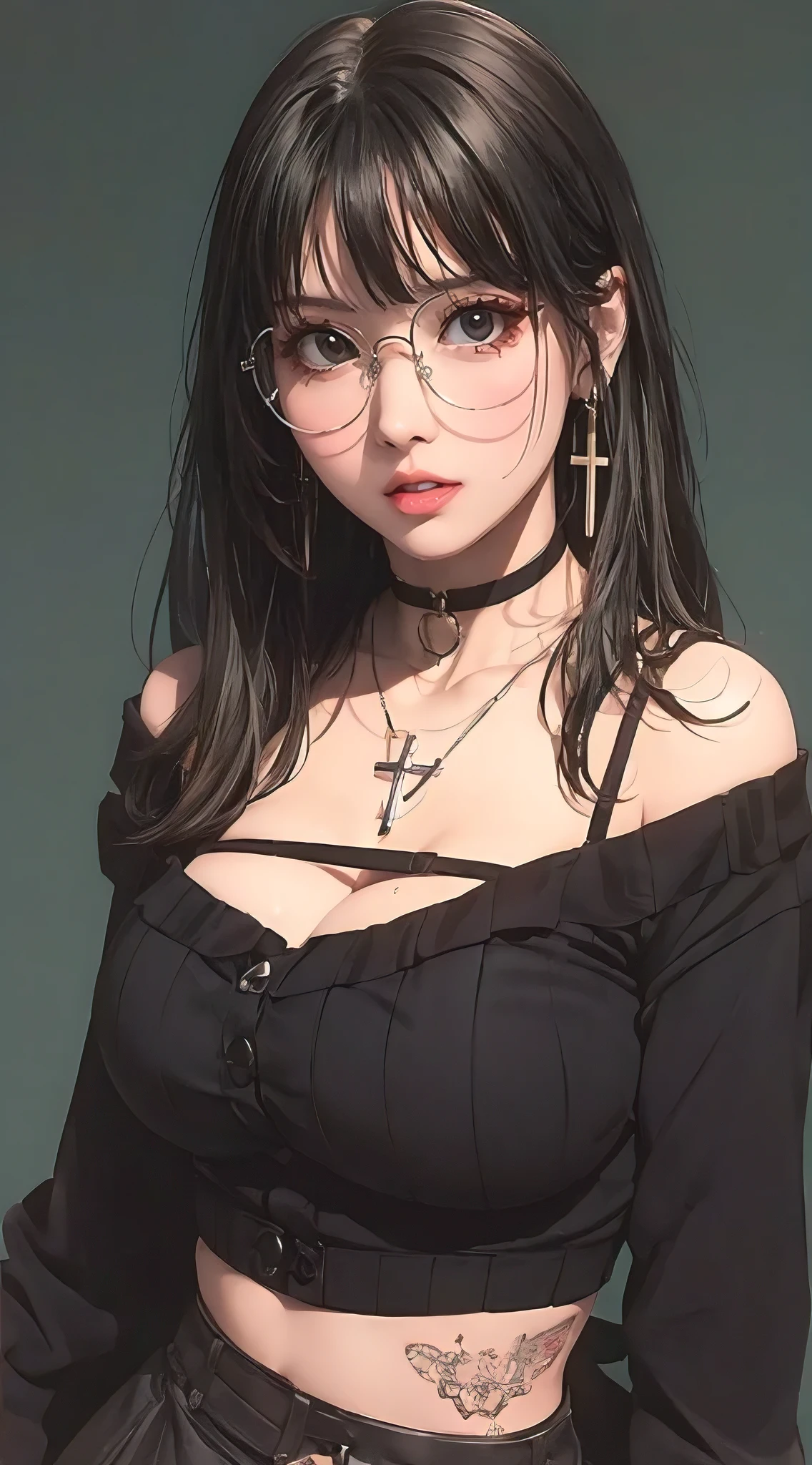 (best quality, masterpiece:1.2), simple lines, anime style, goth girl, perfect body, (huge breasts), slim waist, nice ass, glasses, choker, crucifix earrings on one ear, dark background