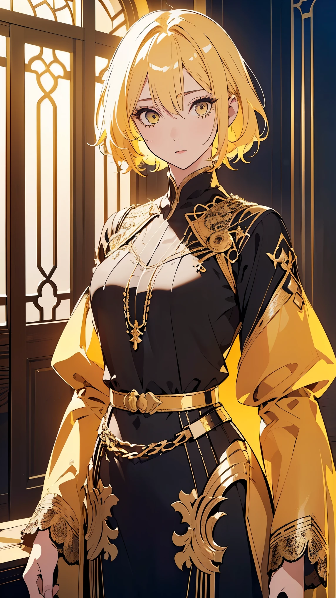 Girl1,(yellow hair,Short puffy hair,beautiful eyes),Long eyelashes,eye shadow,full body, (yellow Arabic abaya dress,black waist belt),(Highly detailed CG,module,8K wallpapers،Highest quality, high resolution, beautiful lighting, realistic shadow, high resolution،(Detailed skin, highly detailed, detailed faces and eyes, realistic eyes)