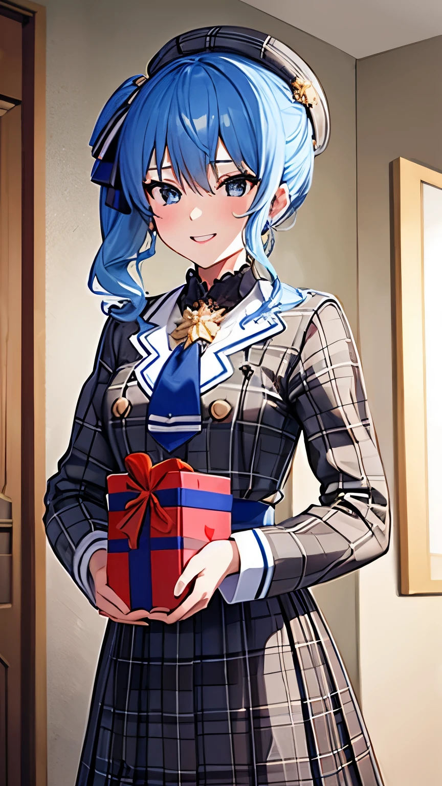 （give  presentbox  to boy）, （exchanging gifts）　,（giving a gift）, flat chest,8k,highest quality,masterpiece, highest quality, High resolution, side ponytail, hoshimachi suisei,flat tits,flat breasts,（flat chest）,slender , skinny ,she is sadistic、 ((charm))、Keep your lips open、 grinning smile、perfect proportions、((in her room))、(((she is standing))),from below,