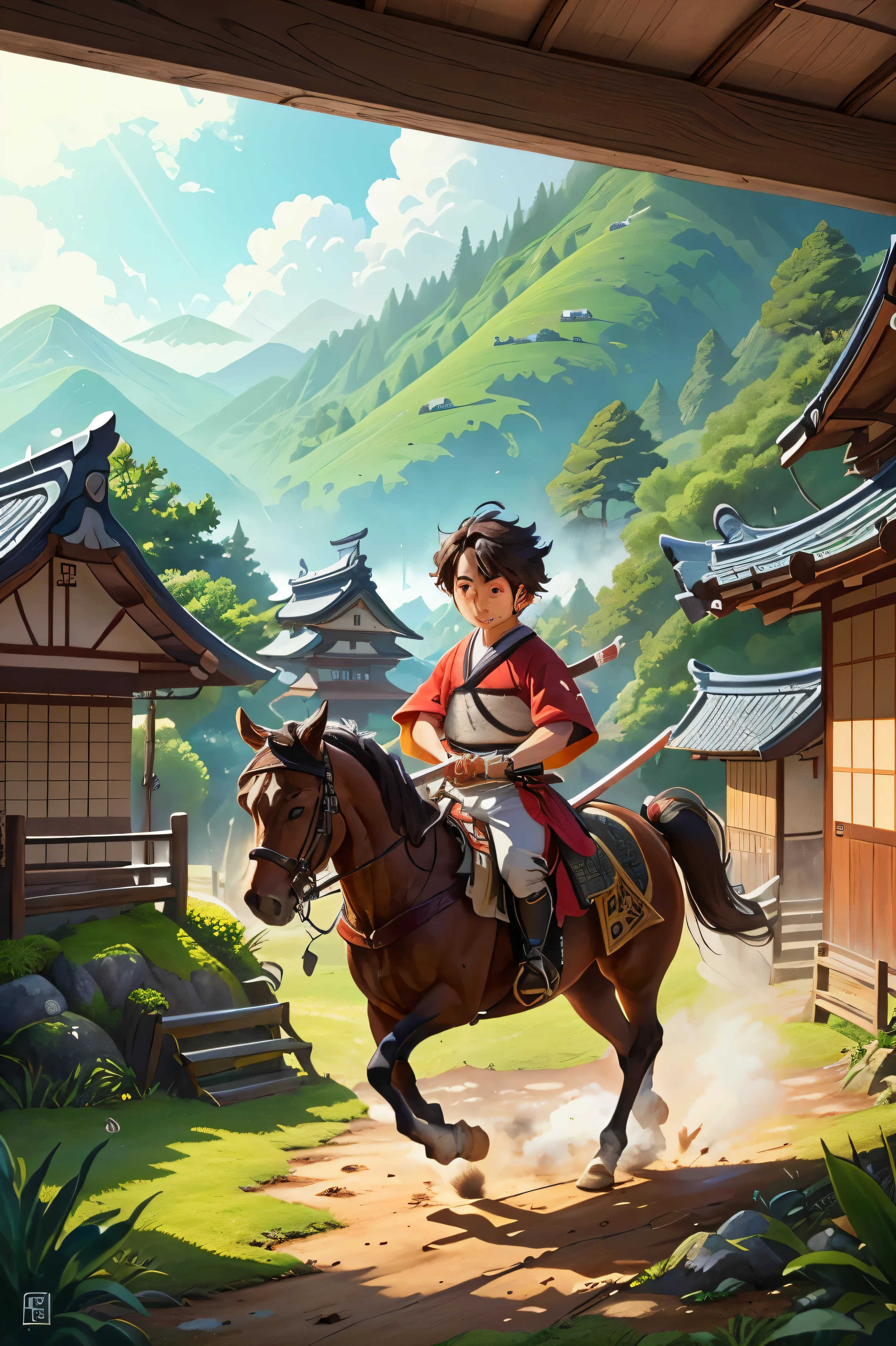 crie um menino samurai, segurando uma espada reluzente, em um cavalo, com uma paisagem de uma vila japonesa.