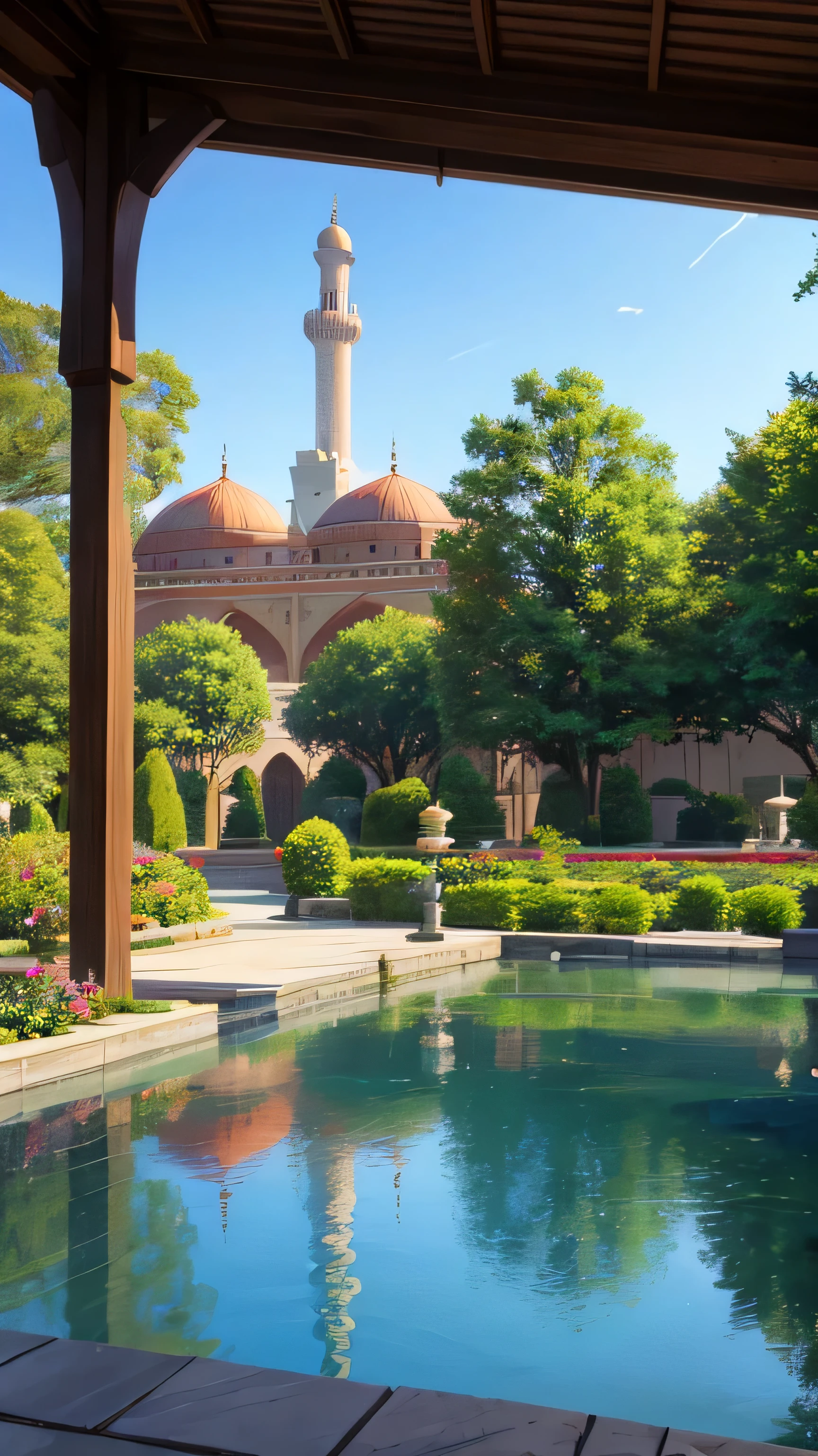 A big beautiful mosque with beautiful garden outside of it, in garden there is a beautiful pond.