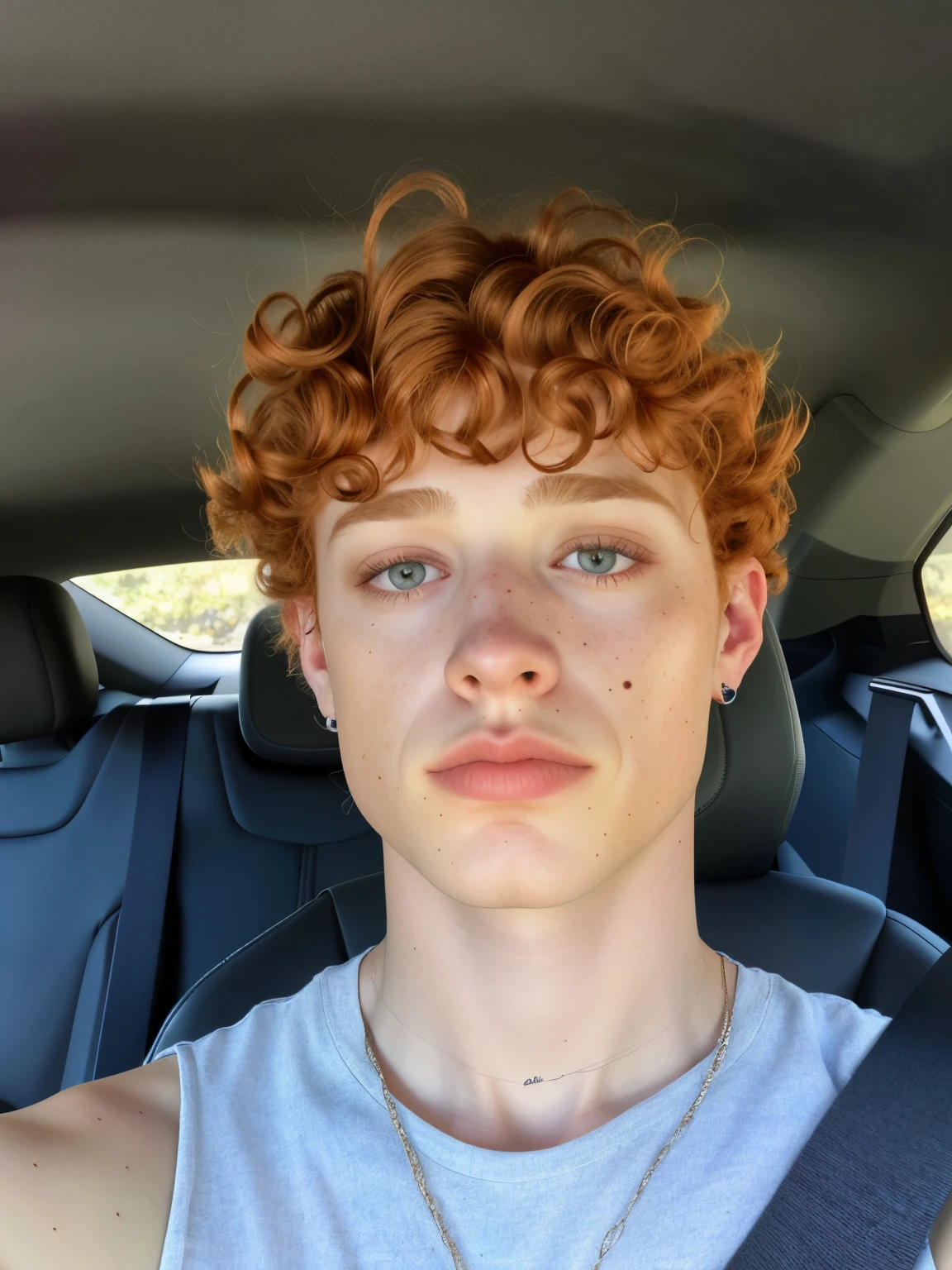 Hombre arafed con pelo rizado en un coche con un collar., he has short curly brown hair, pelirrojo with freckles, chico adolescente de pelo rojo, rizos en la parte superior de su cabeza, with Pelo rizado pelirrojo, taken in the early 2020s, foto de perfil en la cabeza, pale skin curly blonde hair, Pelo rizado pelirrojo, Connor Hibbs, pelirrojo