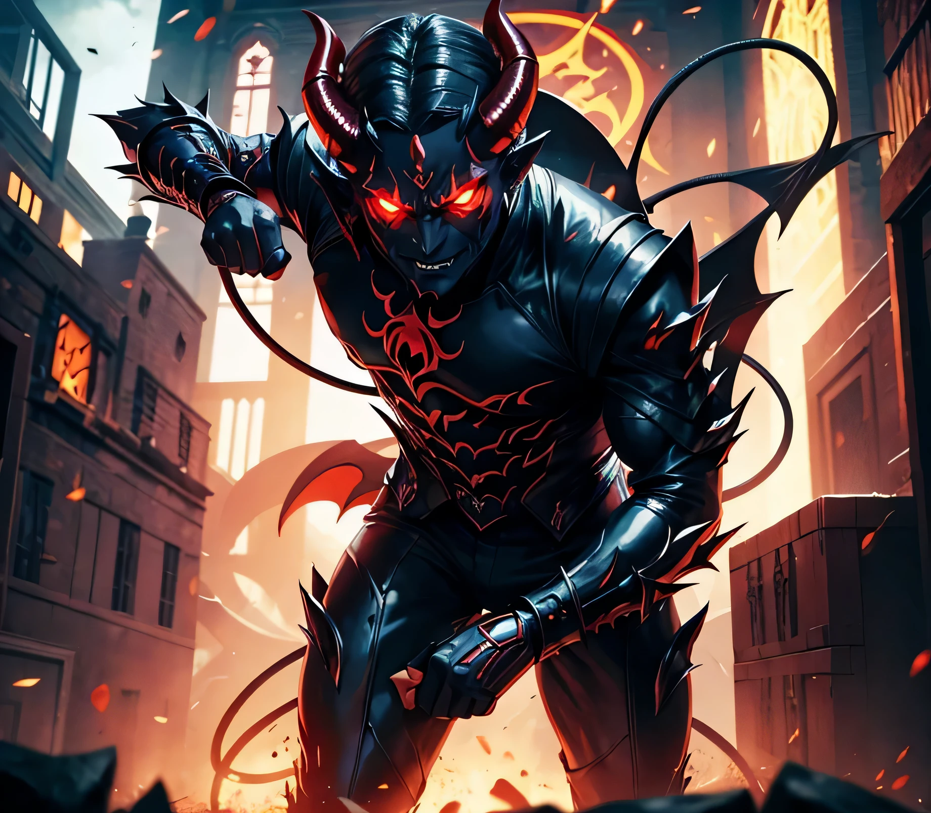 Villain pose, (((demon horns))), glowing red eyes, tendrils behind character, dynamic villain pose, male villain