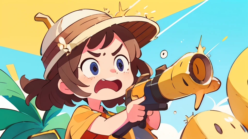 mad, angry, screaming, banana hat, bananas background pattern, banana guns, blueish background, high detailed, fornite banana costume, shooting, explosion, high contrast, high saturation, guns, bananas, crying, big eyes, in a close view, front, girly brown hair, blue eyes