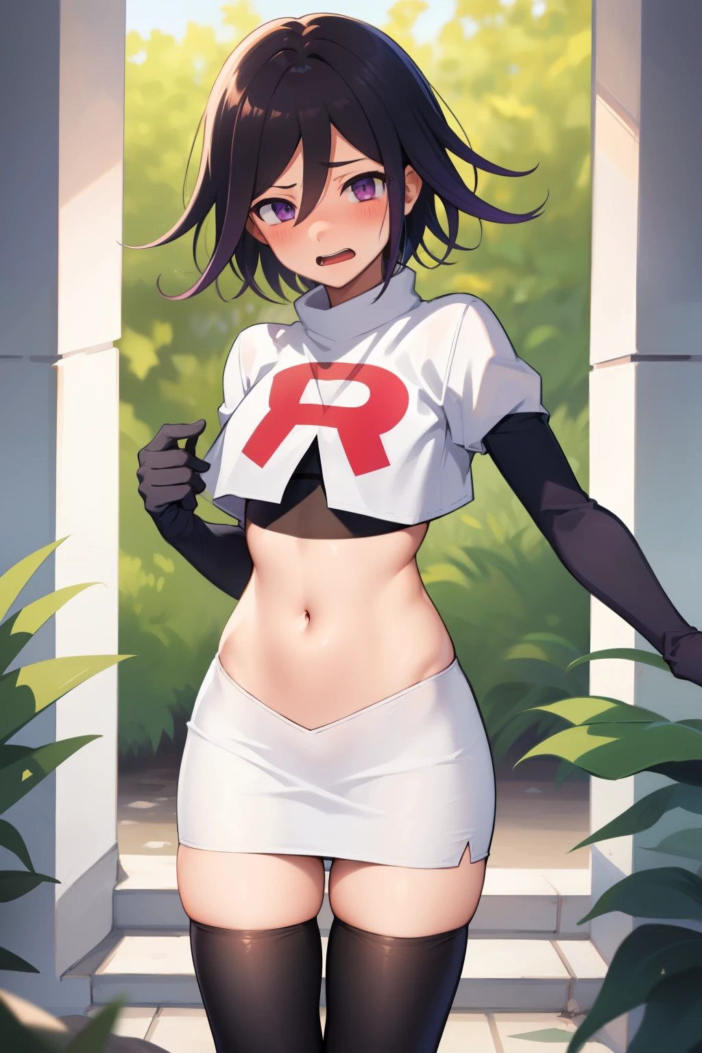 absurdres, cowboy shot, solo, male focus, trap, 1boy, crossdressing,1boy, oma kokichi, team rocket,team rocket uniform, red letter R, white skirt,white crop top,black thigh-highs,black elbow gloves, embarrassed, blush