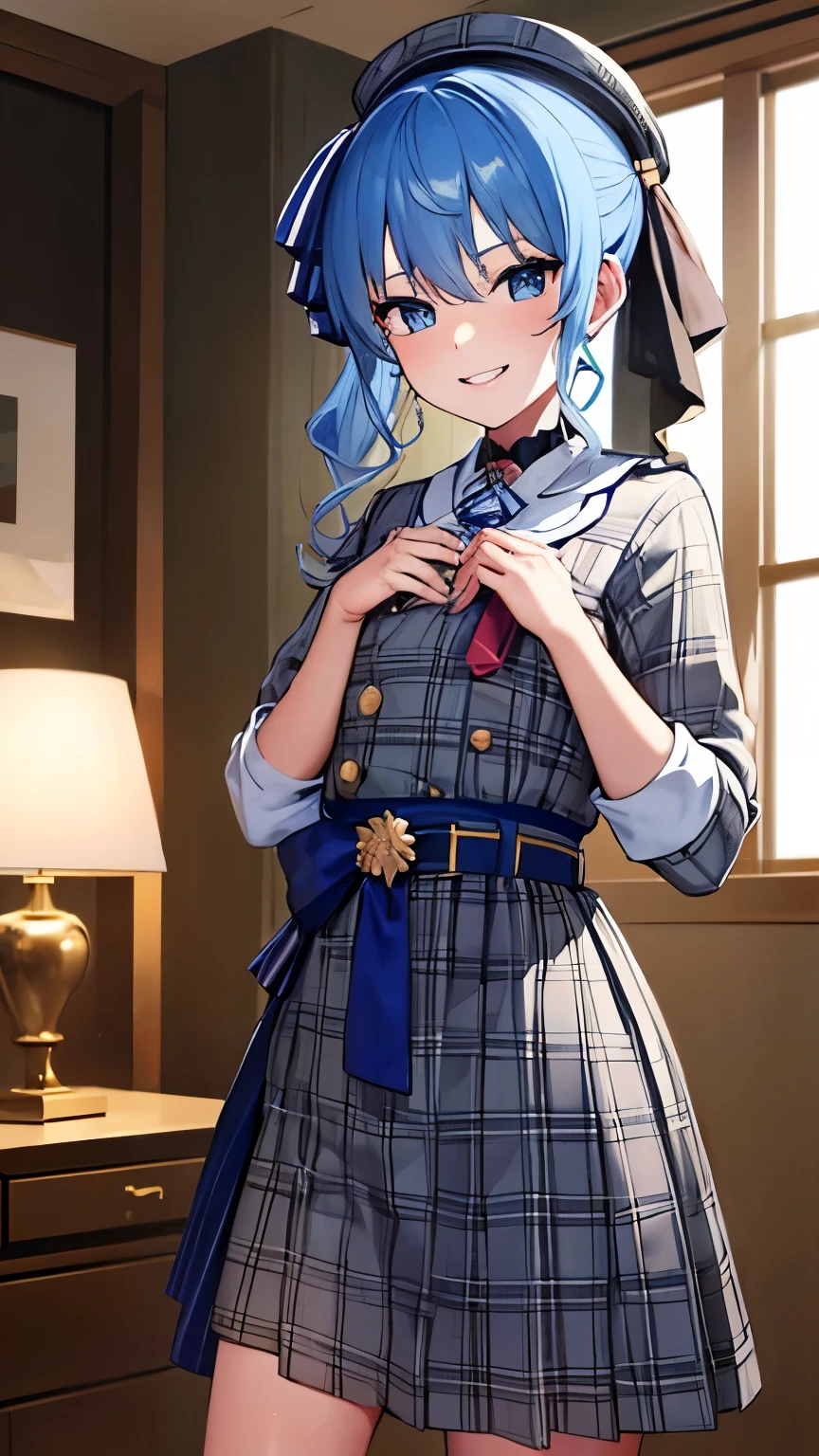 (give presentbox to boy), (exchanging gifts) ,(giving a gift), flat chest,8k,highest quality,masterpiece, highest quality, High resolution, side ponytail, hoshimachi suisei,flat tits,flat breasts,(flat chest),slender , skinny ,she is sadistic、 ((charm))、Keep your lips open、 grinning smile、perfect proportions、((in her room))、(((she is standing))),from below,