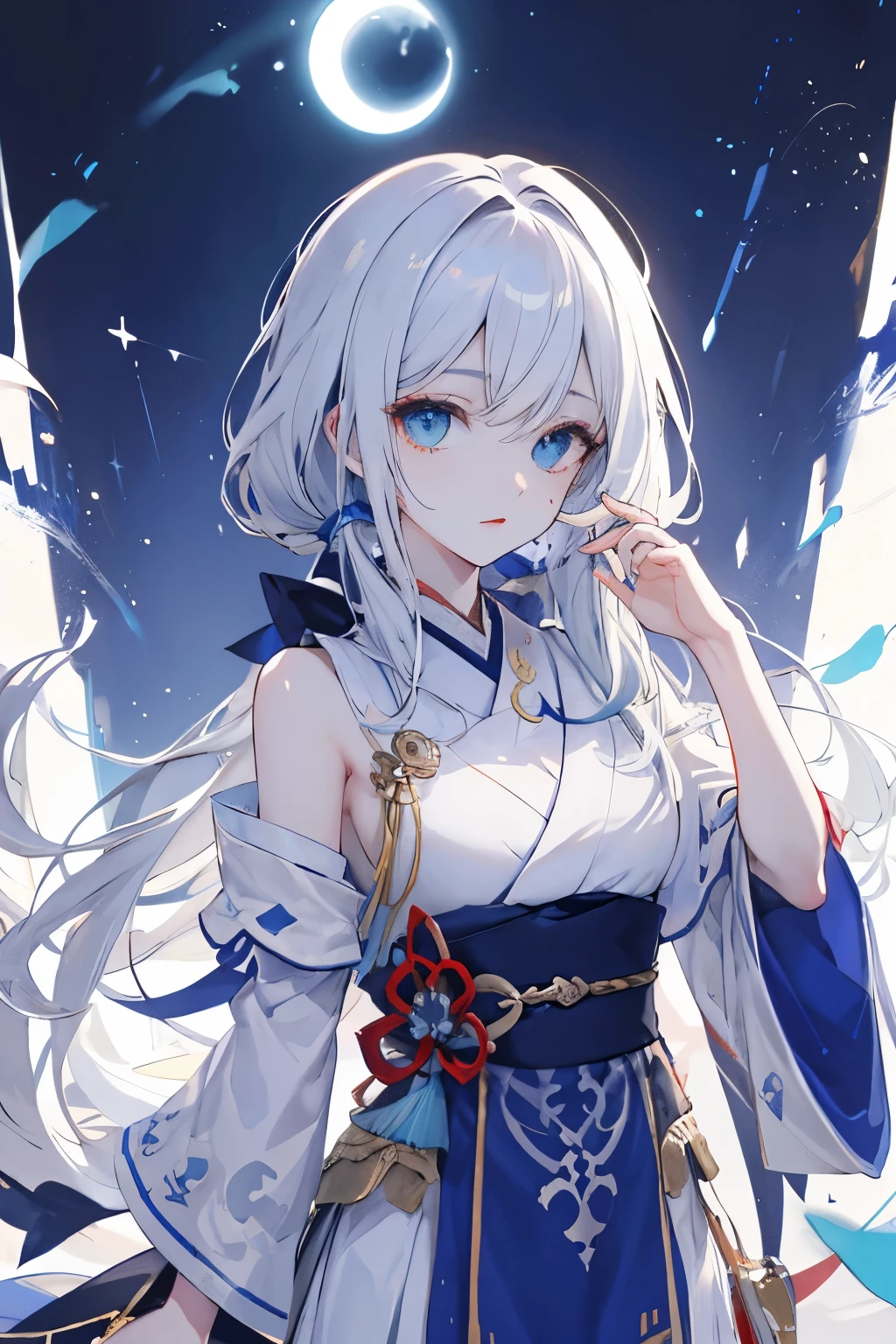 1 garota, roupas japonesas, rabo de cavalo ,cabelo branco, olhos roxos, magic circle, fogo azul, chamas azuis, Papel de parede, paisagem, sangue, sangue splatter, profundidade de campo, noite, light particles, raios de luz, side lighting, coxas, destino \(Series\), impacto genshin, Jaqueta aberta, saia, coxas, nuvem