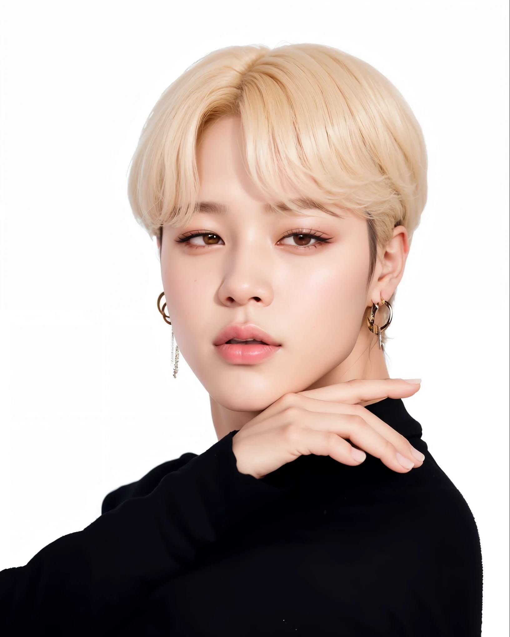 um close de uma pessoa com uma camisa preta e cabelo loiro, Jimin, Jimin\fleshy lips, Parque Jimin, Jimin\the right eyelid is swollen, Rosto Jimin preciso, Jimin\Nariz grego, hyung tae, Retrato de Jossi do Blackpink, kpop idol portrait, Jung Jaehyun, De mim, Hong junho hyung