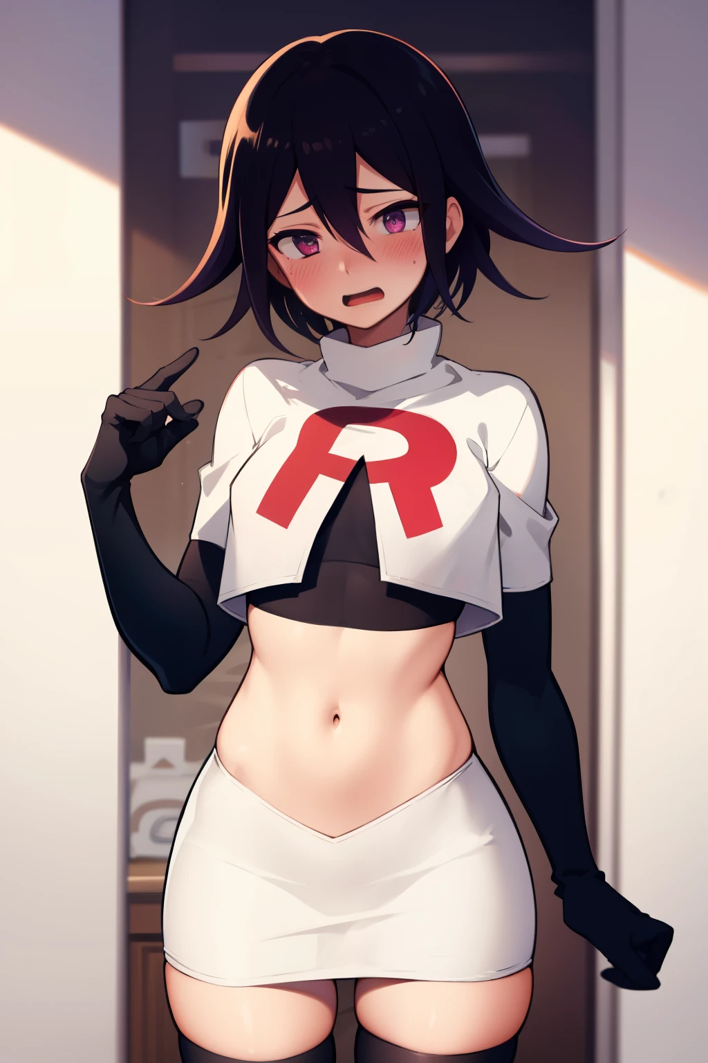 absurdres, cowboy shot, solo, male focus, trap, 1boy, crossdressing,1boy, oma kokichi, team rocket,team rocket uniform, red letter R, white skirt,white crop top,black thigh-highs,black elbow gloves, embarrassed, blush