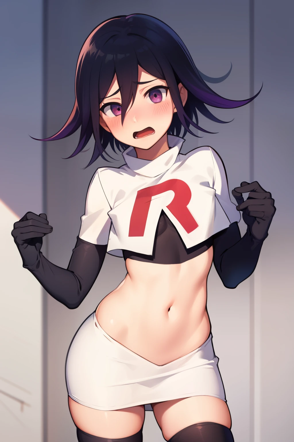 absurdres, cowboy shot, solo, male focus, trap, 1boy, crossdressing,1boy, oma kokichi, team rocket,team rocket uniform, red letter R, white skirt,white crop top,black thigh-highs,black elbow gloves, embarrassed, blush