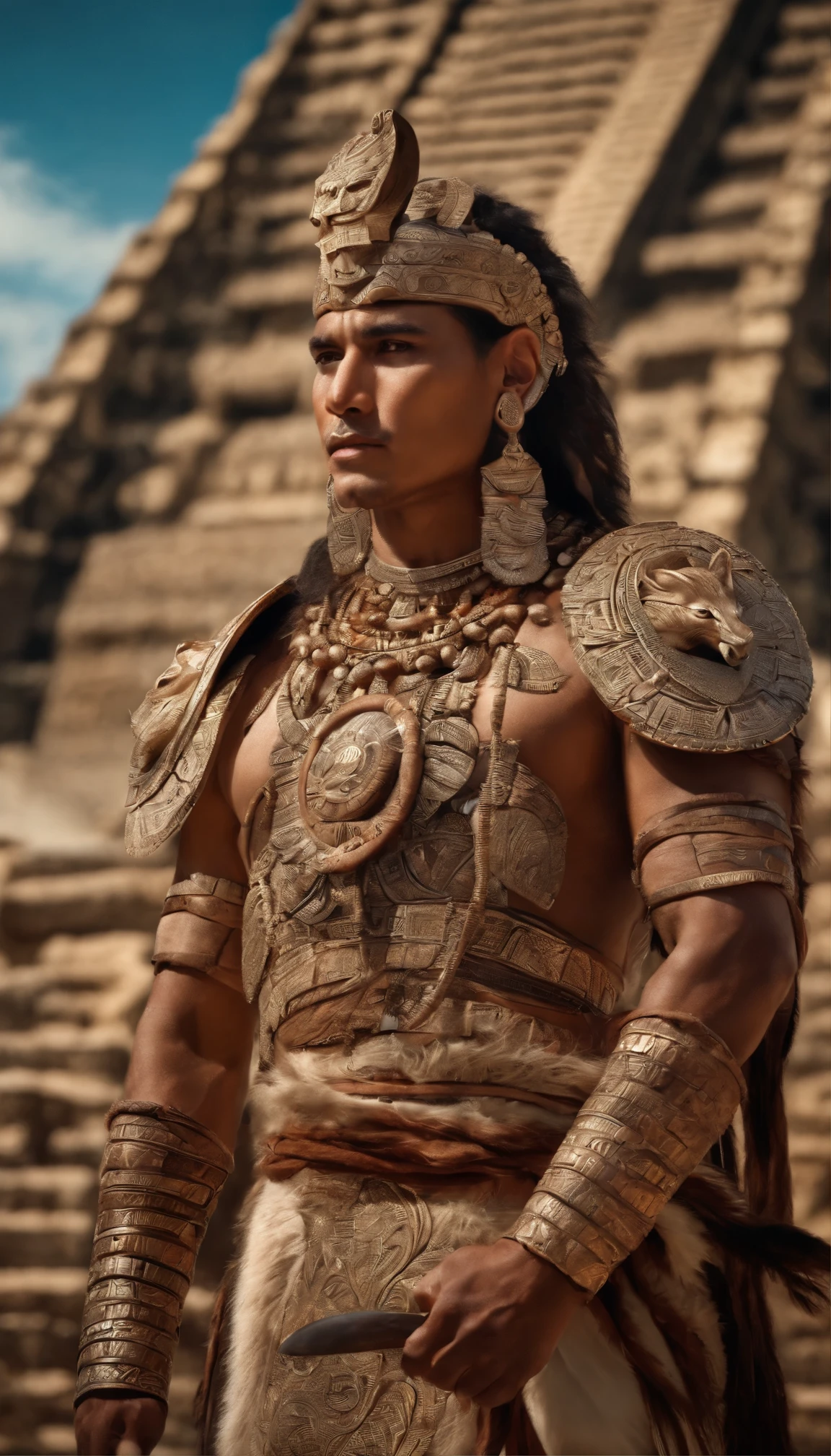 Mayan warrior with a leopard suit in the style of the Mayan warriors, with the Mayan pyramids in the background, Hyperrealistic and cinematic.