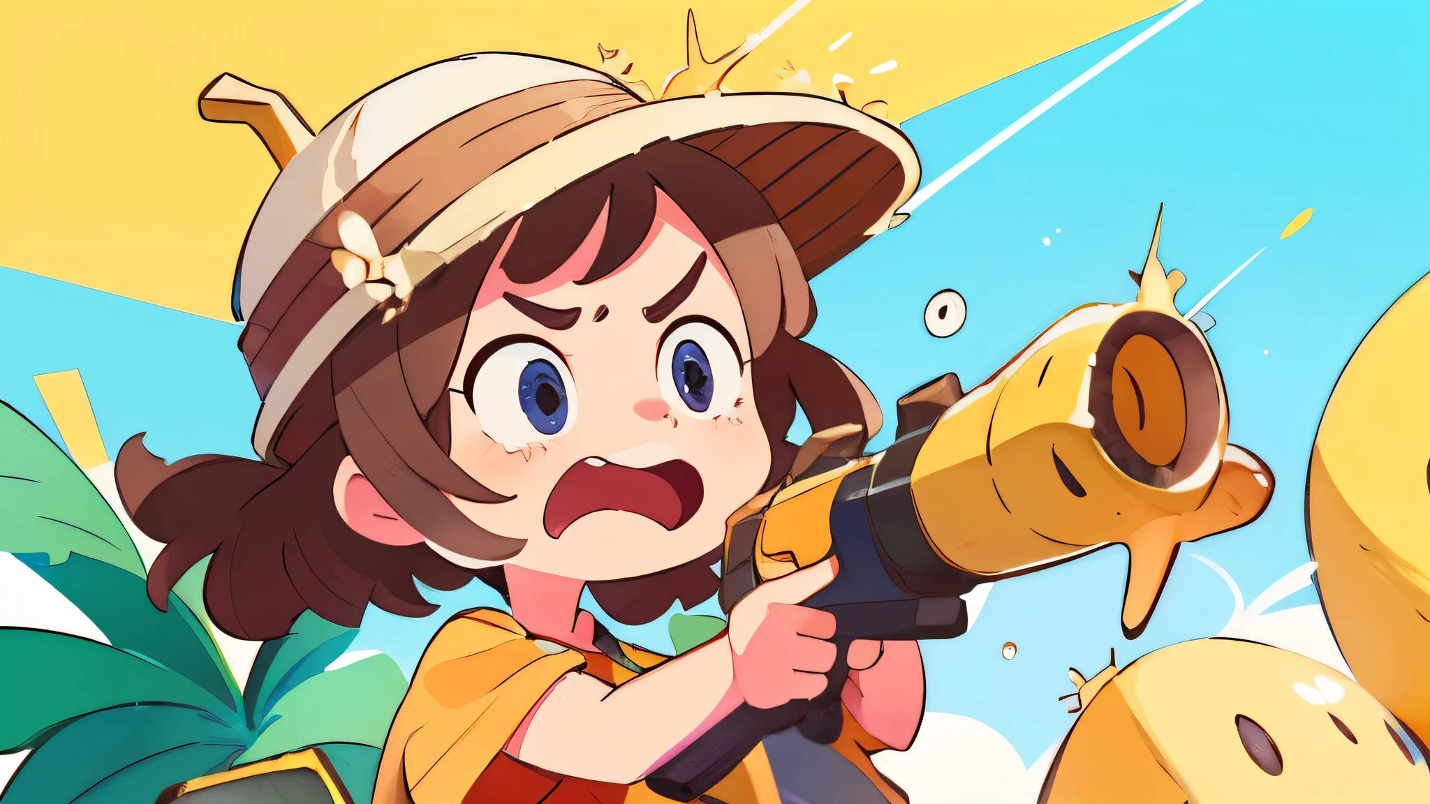 mad, angry, screaming, banana hat, bananas background pattern, banana guns, blueish background, high detailed, fornite banana costume, shooting, explosion, high contrast, high saturation, guns, bananas, crying, big eyes, in a close view, front, girly brown hair, blue eyes