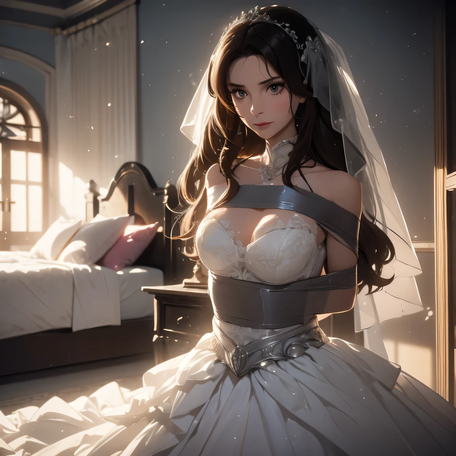 (bright lighting,romantic setting),bride captured, dreamy background,bondage,dark hair, mesmerizing gaze, , soft skin, alluring beauty, artistic portrait, high-quality image, vibrant colors, long silk gown, in the bed,tape bondage,tape gag, mosquito net, bridal