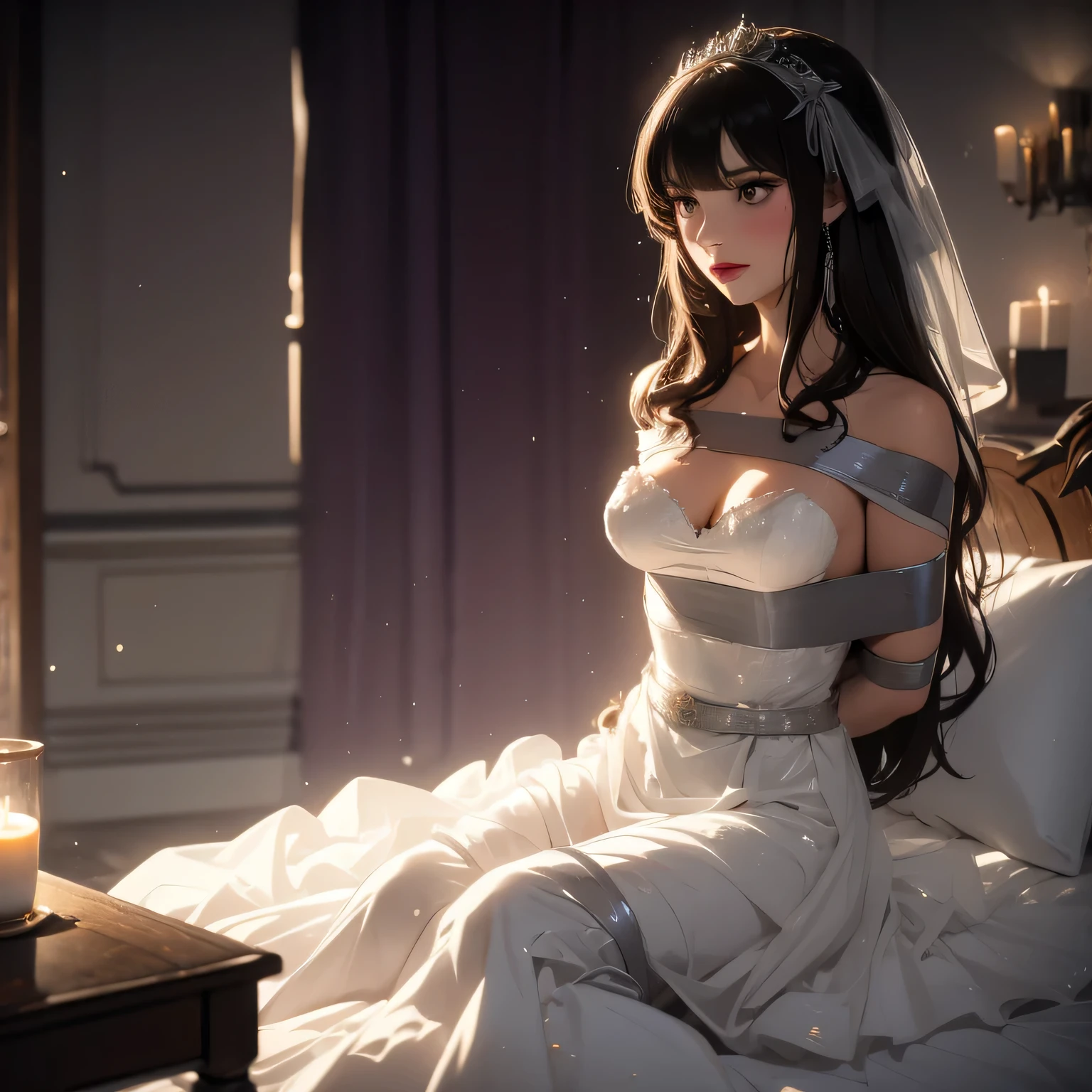 (bright lighting,romantic setting),bride captured, dreamy background,bondage,dark hair, mesmerizing gaze, , soft skin, alluring beauty, artistic portrait, high-quality image, vibrant colors, long silk gown, in the bed,tape bondage,tape gag, mosquito net, bridal