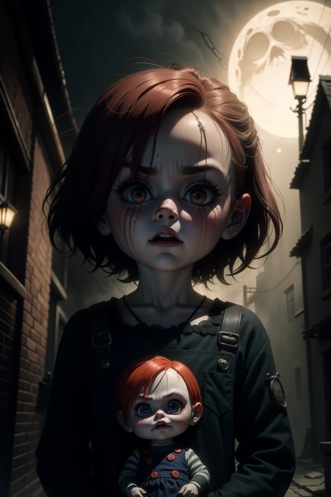 Title: Chucky's Enigmatic Night Stroll - A Tim Burtonesque Illustration
Basking in the ethereal moon glow, Chucky, the notorious doll, emerges from the shadows of an eerie, fog-laden street. His creeping presence is a testament to Tim Burton's signature style, where the grotesque and enchanting come together in perfect harmony. defeating their enemies.
The once-adorable porcelain face of Chucky has been marred by time, revealing cracks and fissures that give the doll an ominous, yet oddly endearing, charm. His distorted, oversized eyes, hollow