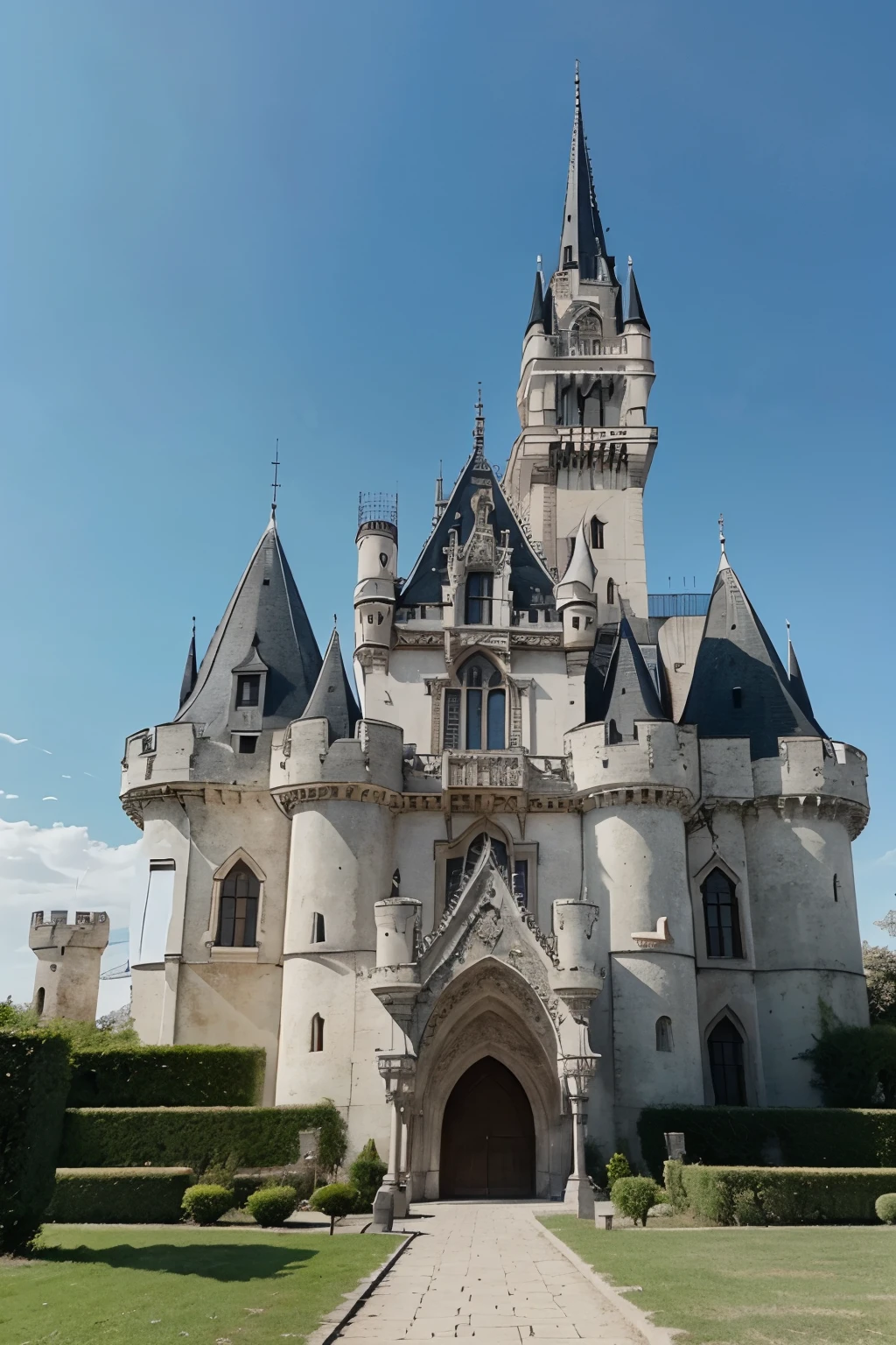 front part of very large gothic castle, con ladrillos blancos y muchos torreones , sin vegetacion, al que se accede por un puente