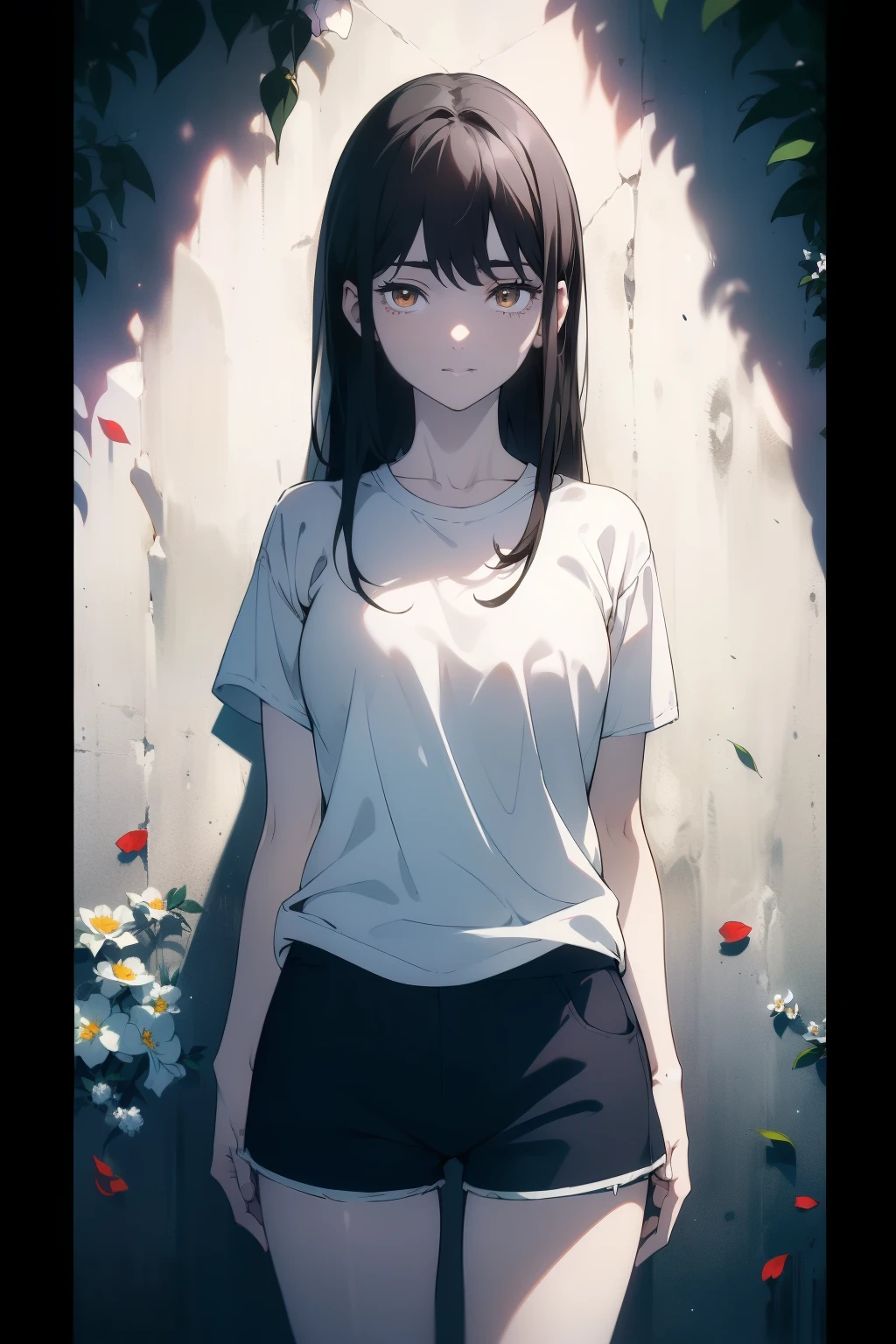 ((((Obra maestra, La mejor calidad, ultrahigh resolution)))), 1girl, standing, ((baggy white t-shirt, loose fitting blue shorts, black hair, dark black hair)), long hair cut, pale skin, ((brown eyes)), glowing_eyes, neon eyes, (ultra detailed eyes:0.7, beautiful and detailed face, detailed eyes:0.9), ((centered)), smile, ((wide shot)), facing viewer, (((vibrant background of outside, flowers, bright lighting, summer, sunlight))), flat chested, looking at viewer, ((perfect hands)), ((head:1, hips, elbows, arms, in view)), ((hands behind back)), empty eyes, beautiful lighting, defined subject, 25 years old, ((cool looking))