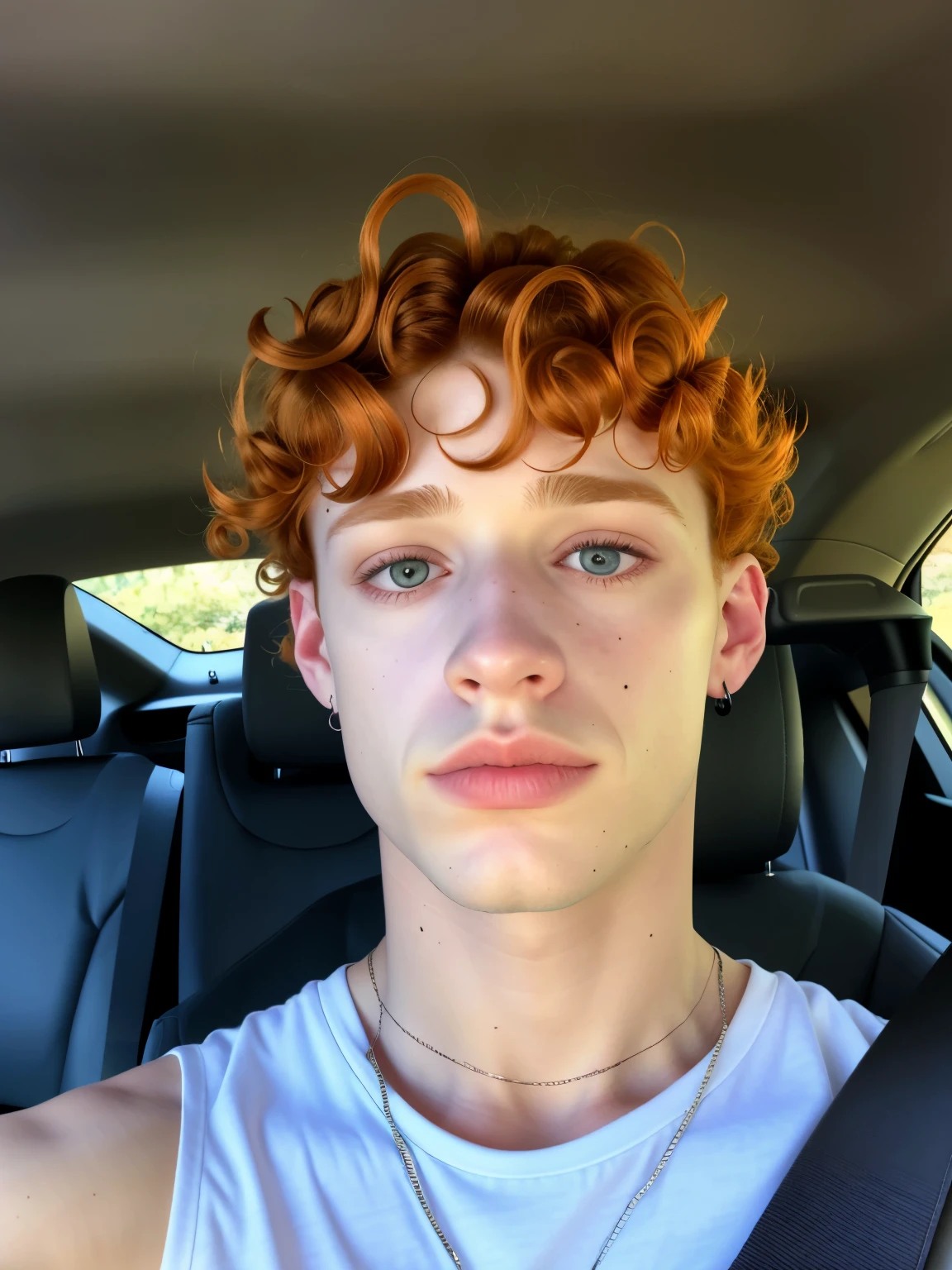 Hombre arafed con pelo rizado en un coche con un collar., he has short curly brown hair, pelirrojo with freckles, chico adolescente de pelo rojo, rizos en la parte superior de su cabeza, with Pelo rizado pelirrojo, taken in the early 2020s, foto de perfil en la cabeza, pale skin curly blonde hair, Pelo rizado pelirrojo, Connor Hibbs, pelirrojo