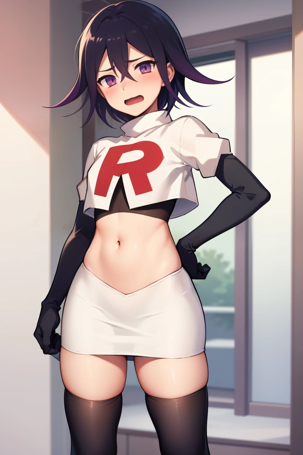 absurdres, cowboy shot, solo, male focus, trap, 1boy, crossdressing,1boy, oma kokichi, team rocket,team rocket uniform, red letter R, white skirt,white crop top,black thigh-highs,black elbow gloves, embarrassed, blush